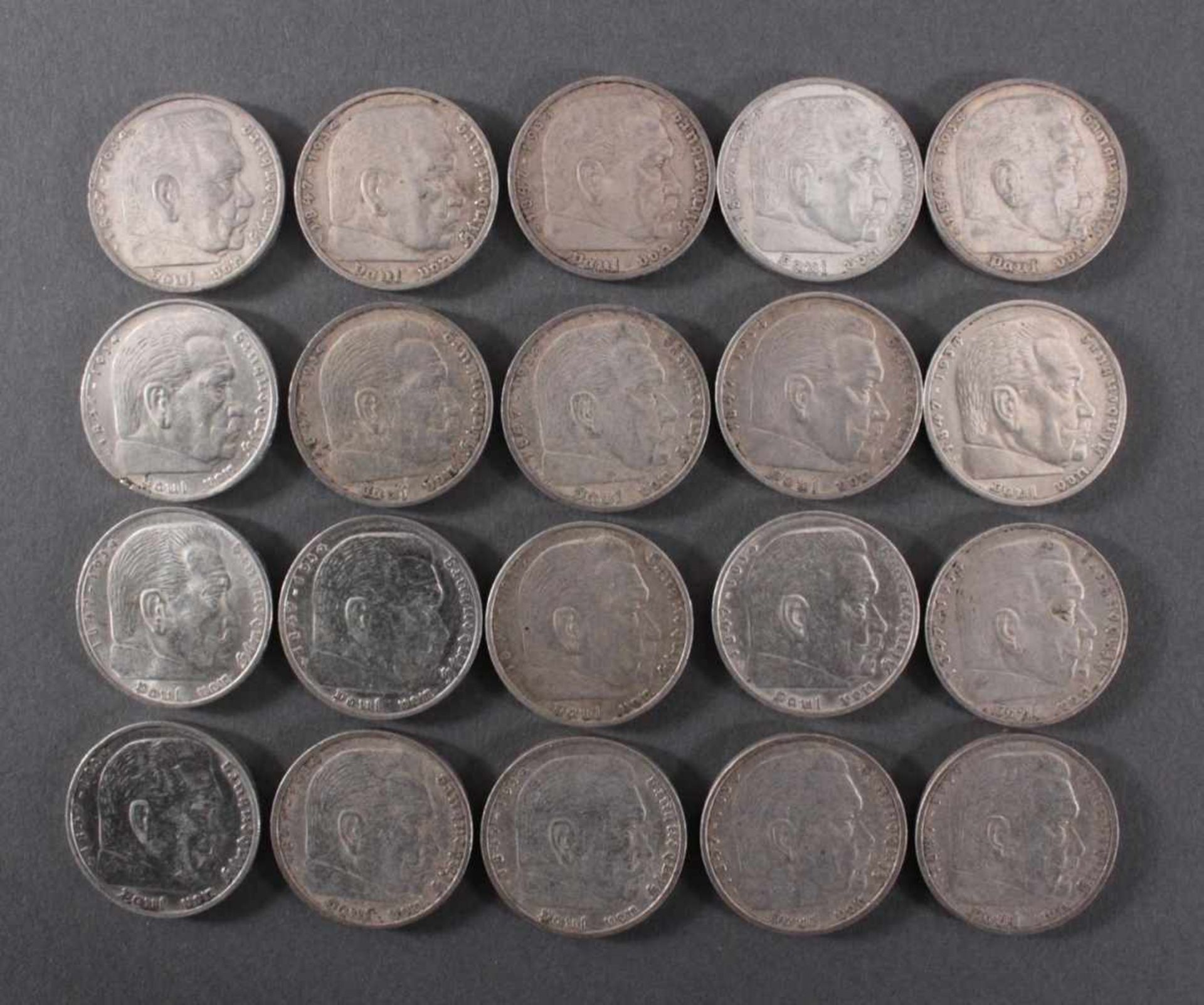 Deutsches Reich, 20x 5 ReichsmarkSilber, 9x 5 Reichsmark 1935 A und 11x 5 Reichsmark 1935 F