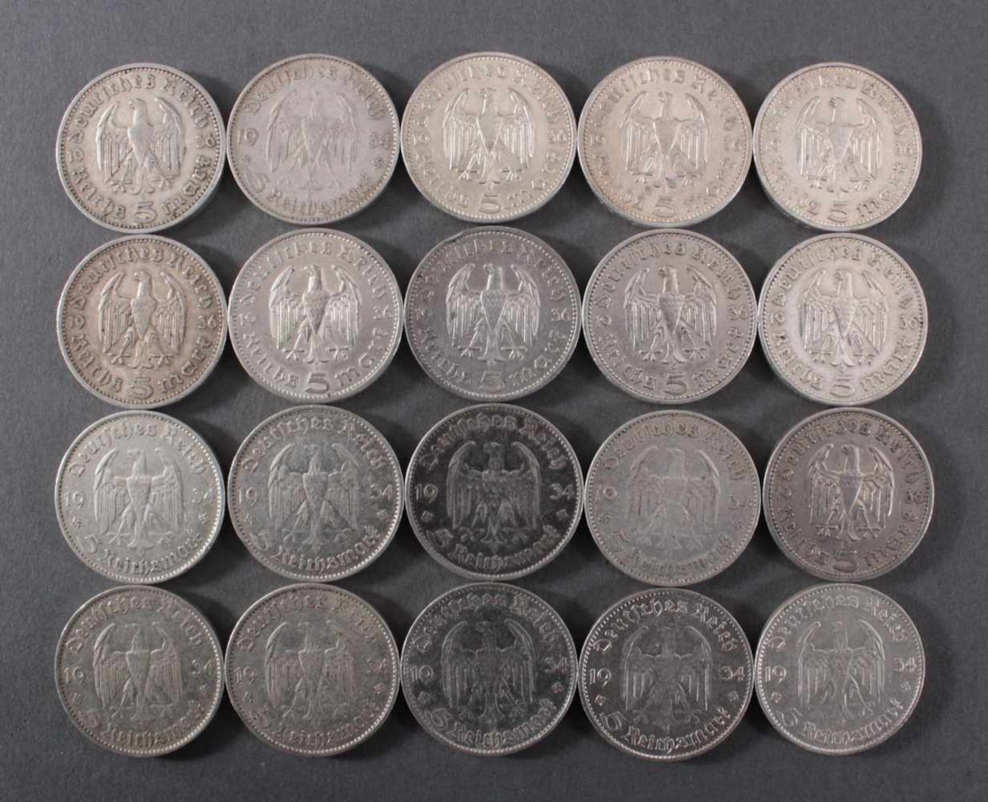 Deutsches Reich, 20x 5 ReichsmarkSilber, 10x 5 Reichsmark 1934 G und 10x 5 Reichsmark 1934 J - Bild 2 aus 2