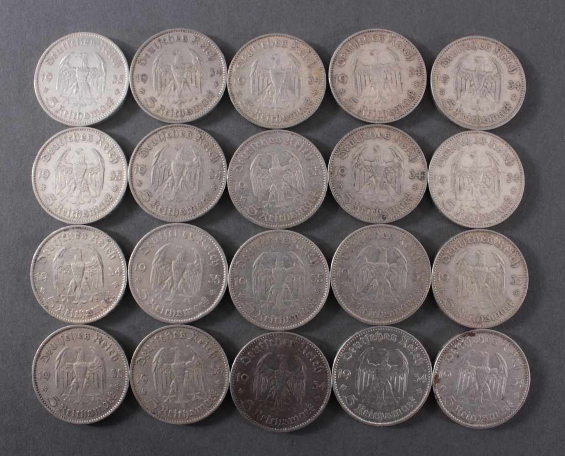 Deutsches Reich, 20x 5 Reichsmark 1934/35 GarnisonskircheUnterschiedliche Prägeanstalten. Ca. 278 g, - Bild 2 aus 2