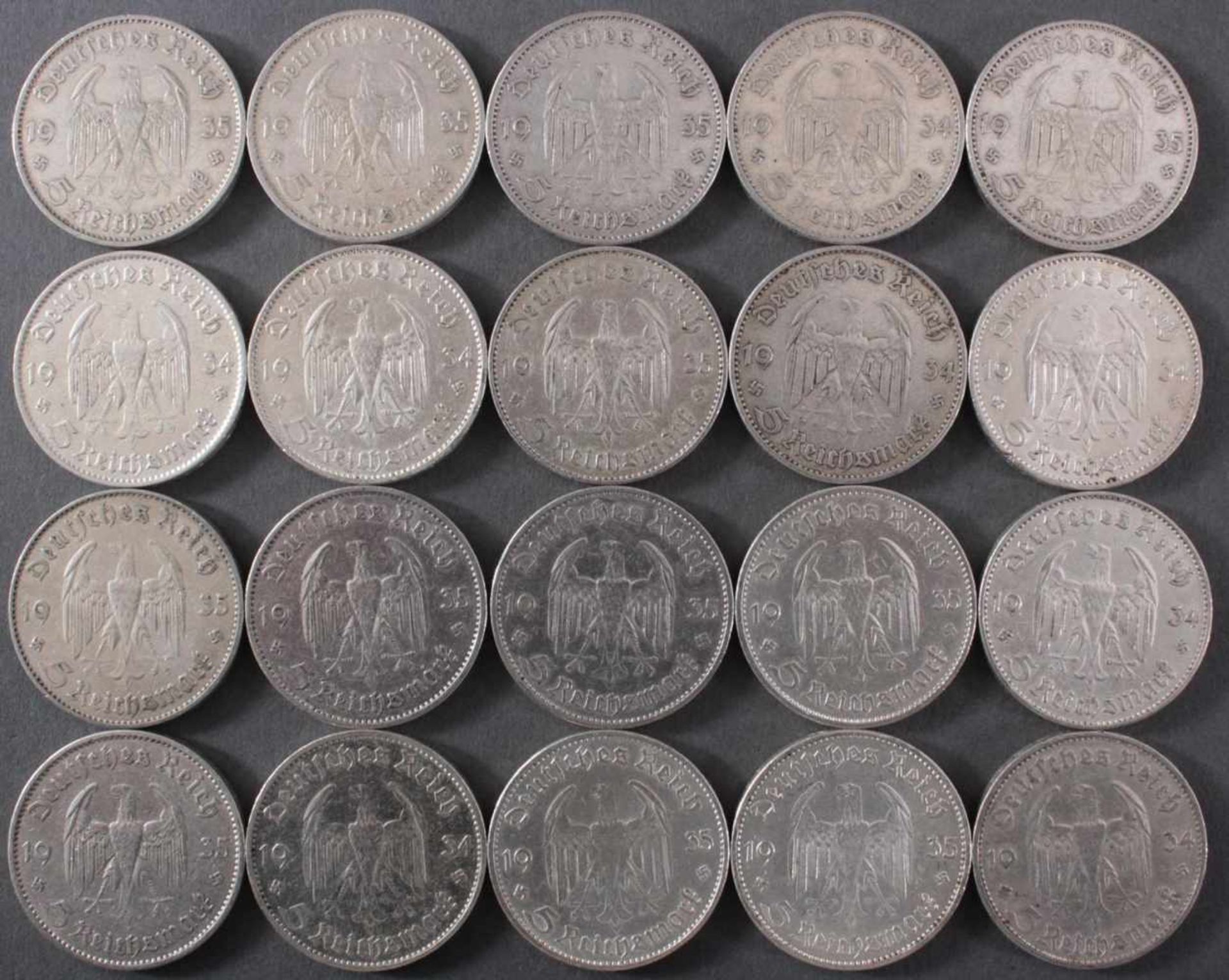 Deutsches Reich, 20x 5 Reichsmark 1934/35 GarnisonskircheUnterschiedliche Prägeanstalten. - Bild 2 aus 2