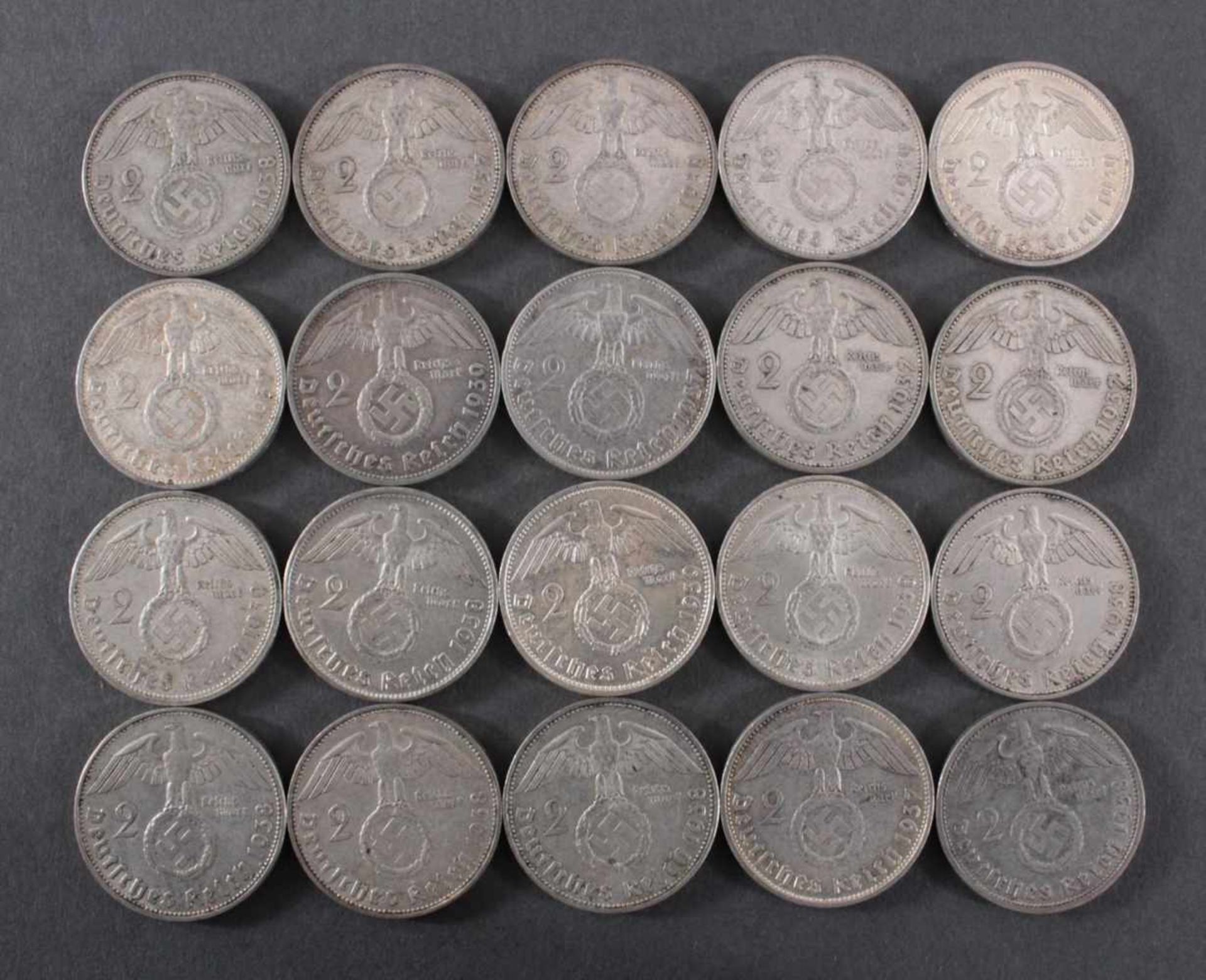 Deutsches Reich, 2 Reichsmark 20 Stück 1937, 38 und 39, aus unterschiedlichen Prägeanstalten, - Bild 2 aus 2
