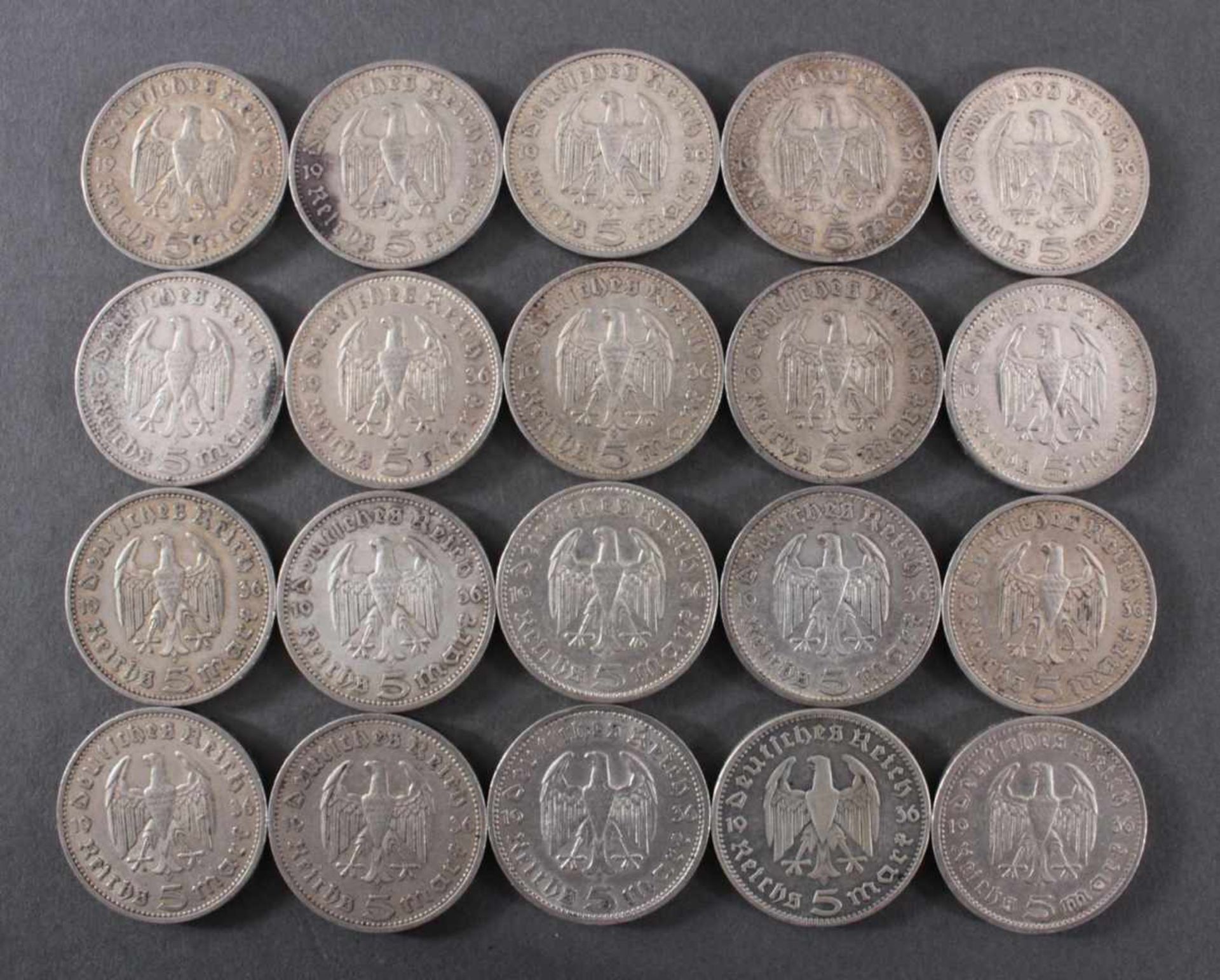 Deutsches Reich, 20x 5 Reichsmark 1936 A HindenburgCa. 278 g, Erhaltung SS - Bild 2 aus 2