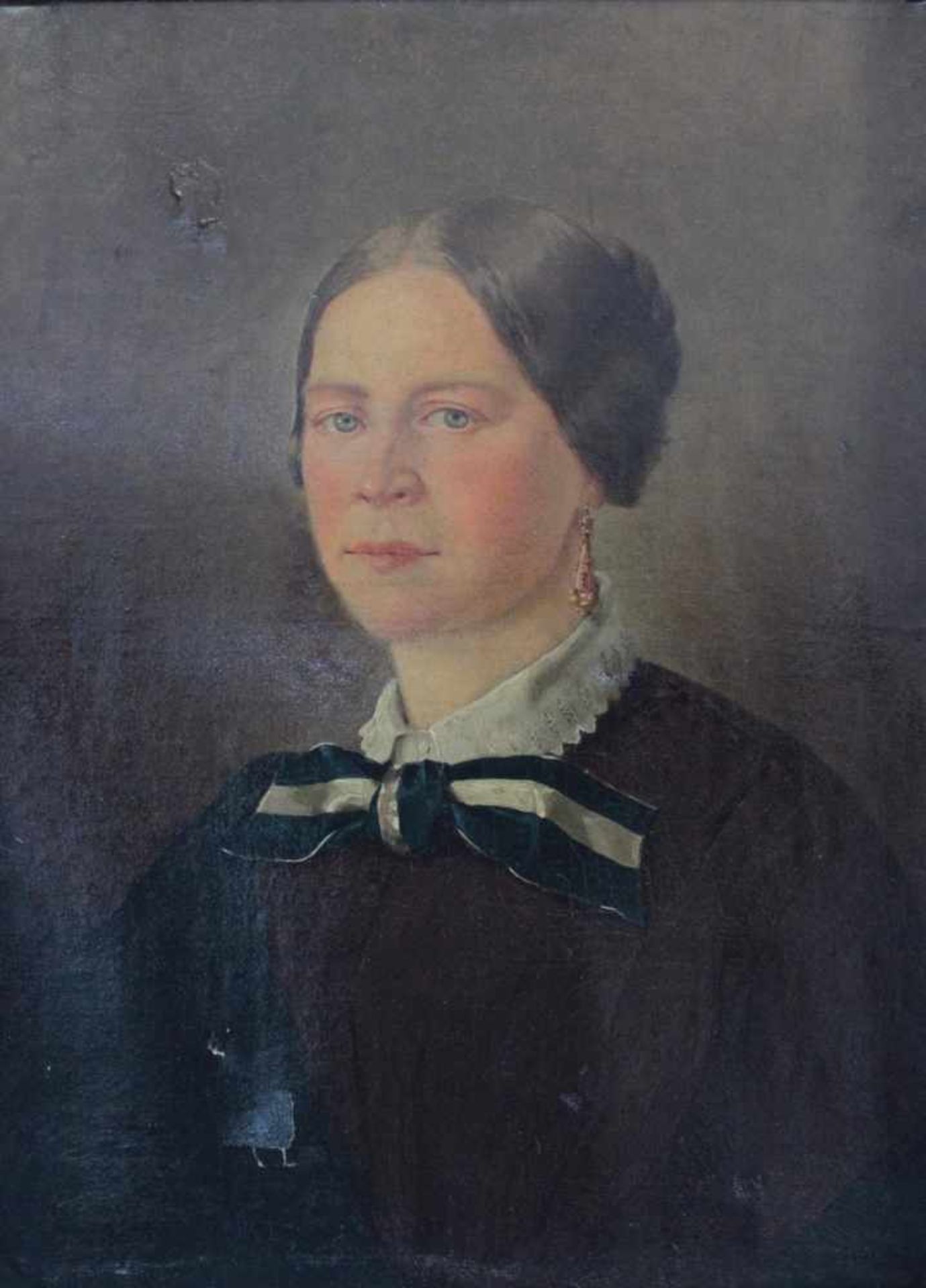 Damen-Portrait. 19, JahrhundertÖl auf Leinwand, unsigniert. Leinwand an 2 Stellen beschädigt, ca. 59 - Bild 2 aus 4