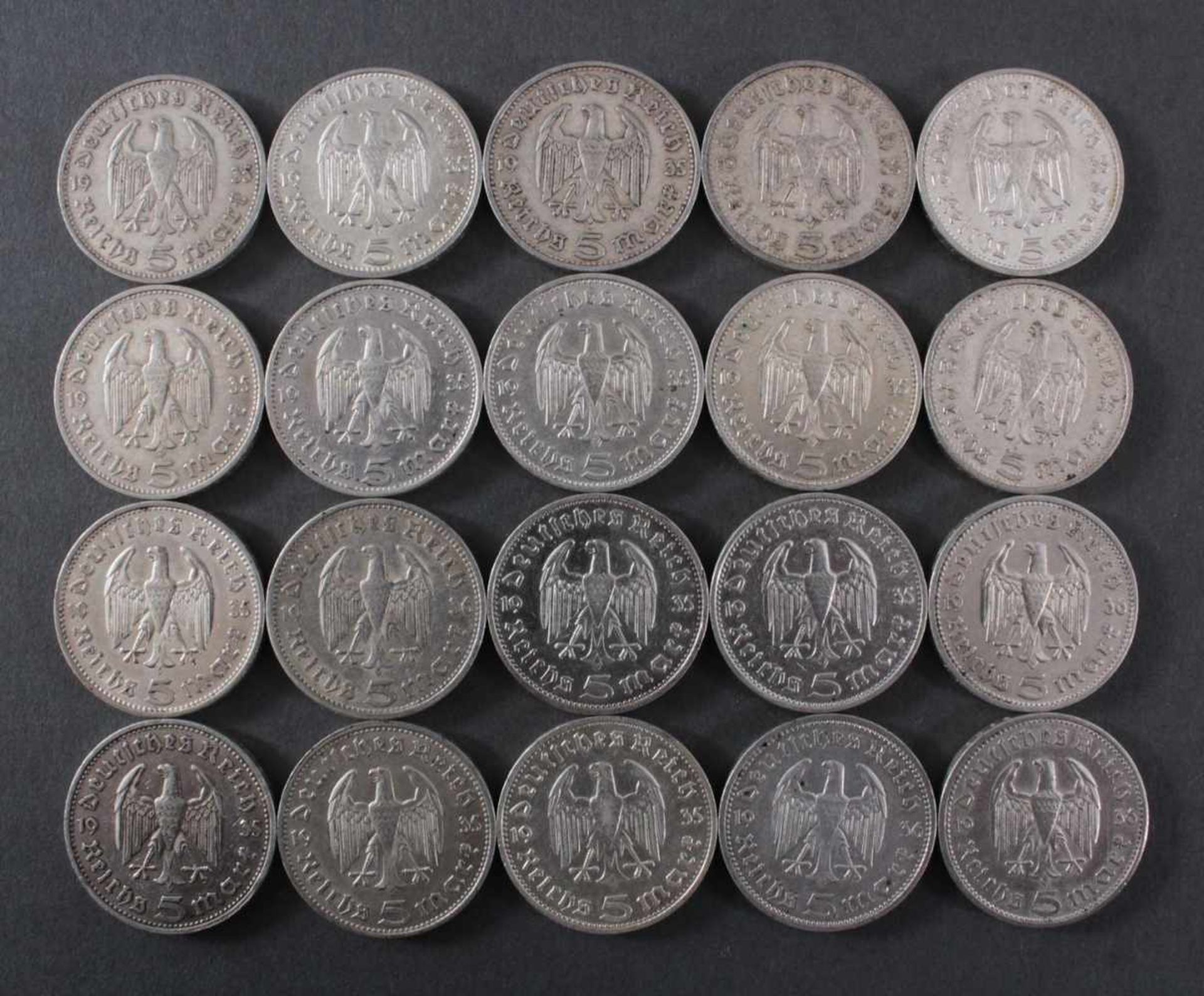 Deutsches Reich, 20x 5 Reichsmark 1935/36 HindenburgUnterschiedliche Prägeanstalten. Ca. 278 g, - Bild 2 aus 2