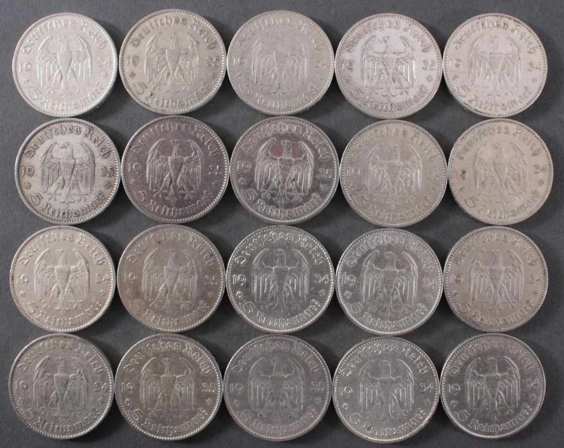 Deutsches Reich, 20x 5 Reichsmark 1934/35 GarnisonskircheUnterschiedliche Prägeanstalten. - Bild 2 aus 2