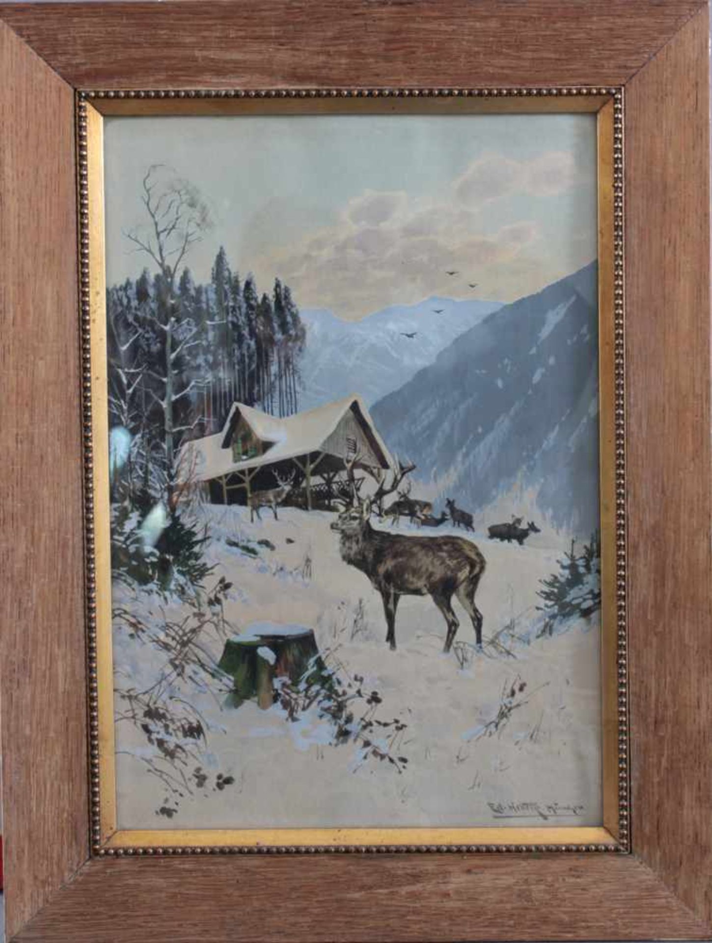 Eduard Heller 1852 - ? "Rotwild bei der Fütterung"Aquarell auf Papier gemalt, unten rechts mit