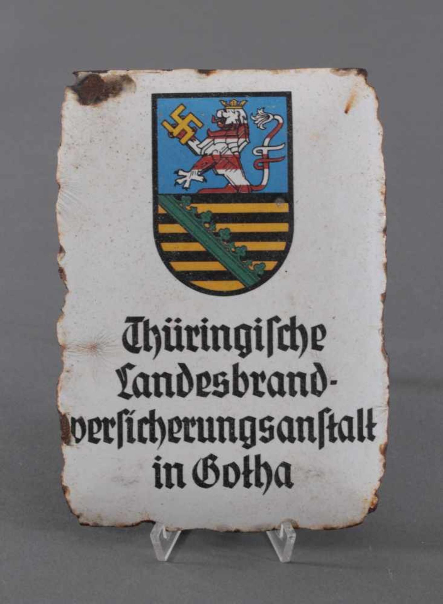 3. Reich, Emailschild mit HakenkreuzThüringische Landesverbandversicherungsanstallt in Gotha, ca. 21