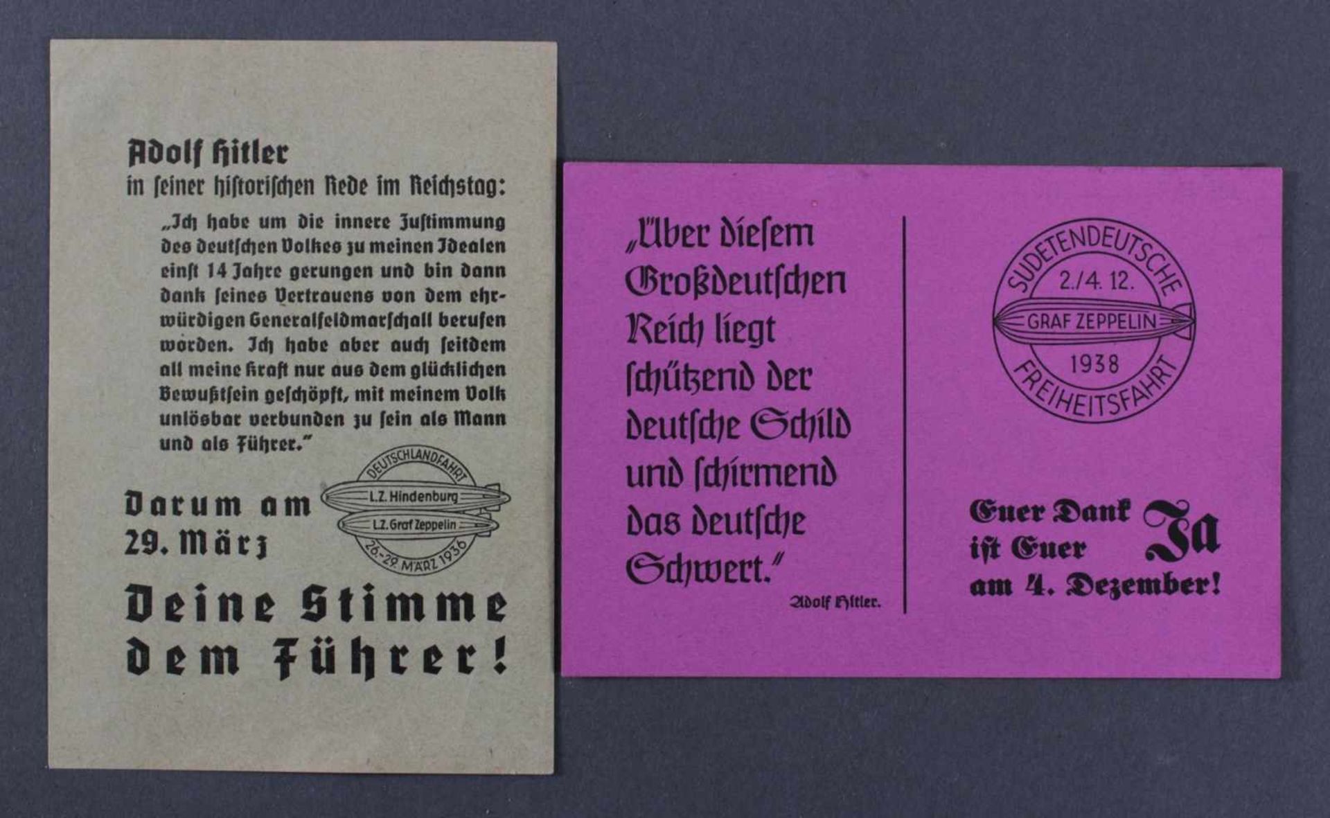 1936/1938, 2 verschiedene Wahlaufrufzettel SudetenlandDeutschlandfahrt 1936 sowie Sudetendeutsche