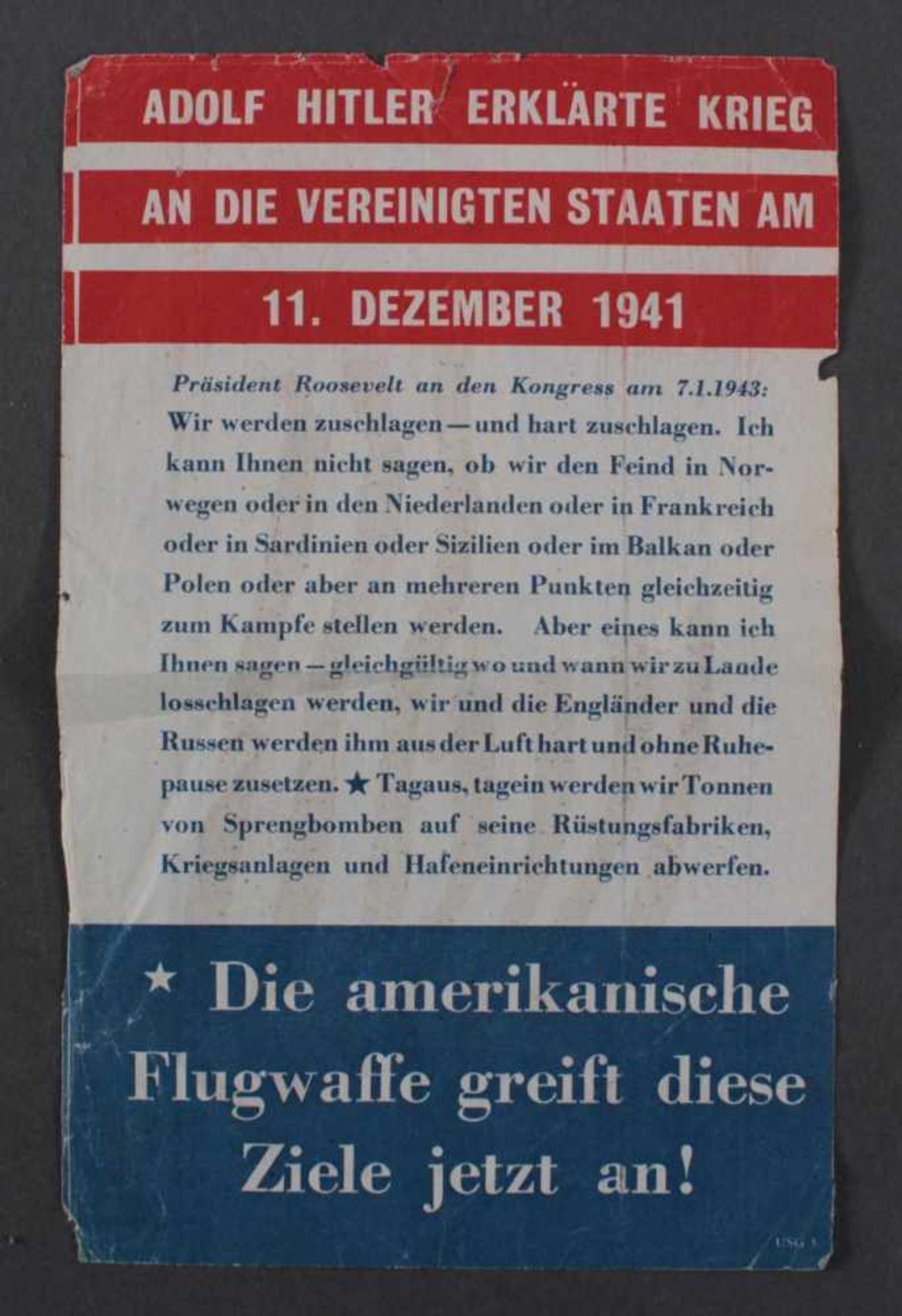 1943, amerikanisches Propaganda-FlugblattAnkündigung von Luftangriffen auf Deutschland in den Farben