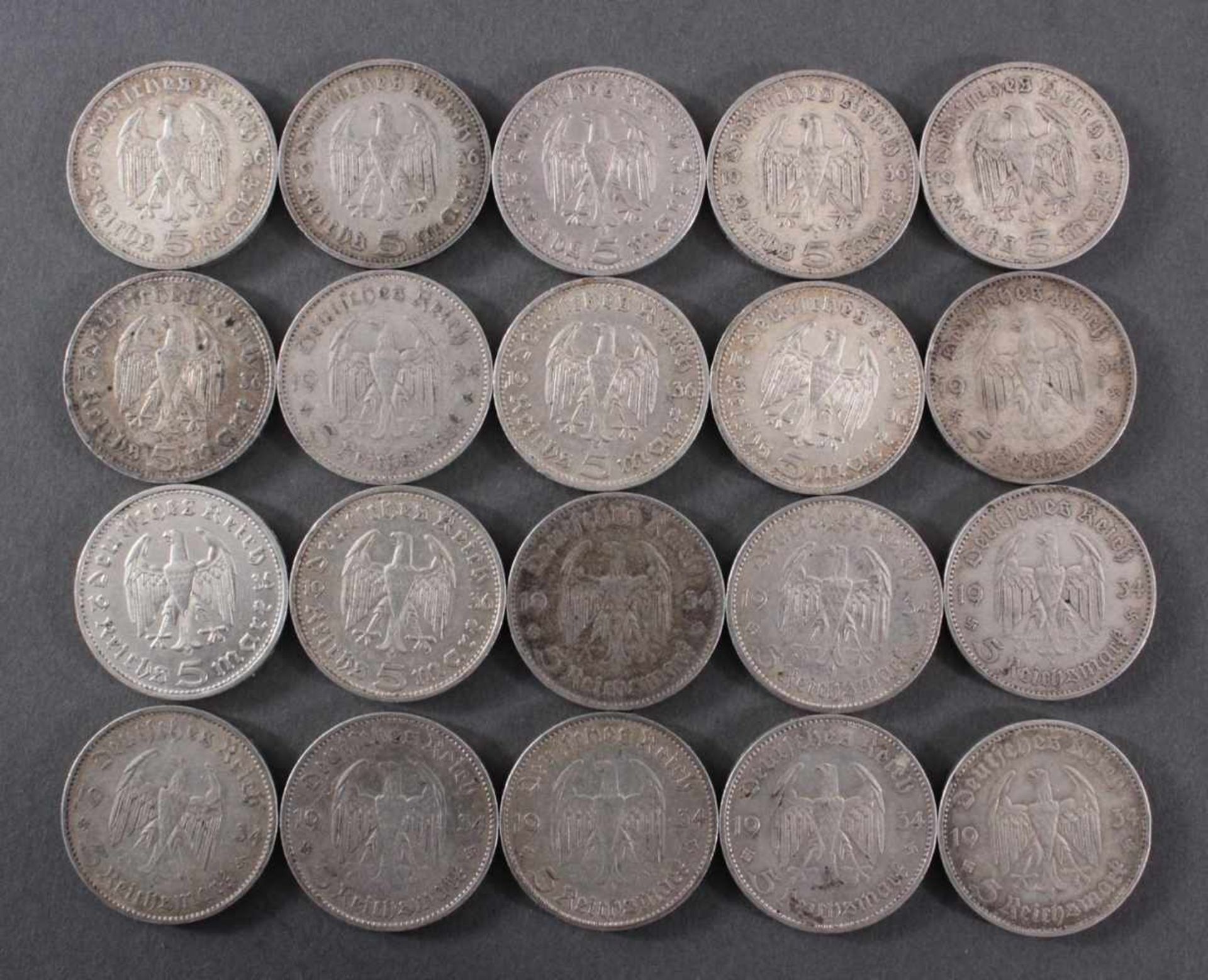 Deutsches Reich, 20x 5 ReichsmarkSilber, 10x 5 Reichsmark 1936 D Hindenburg und 10x 5 Reichsmark - Bild 2 aus 2