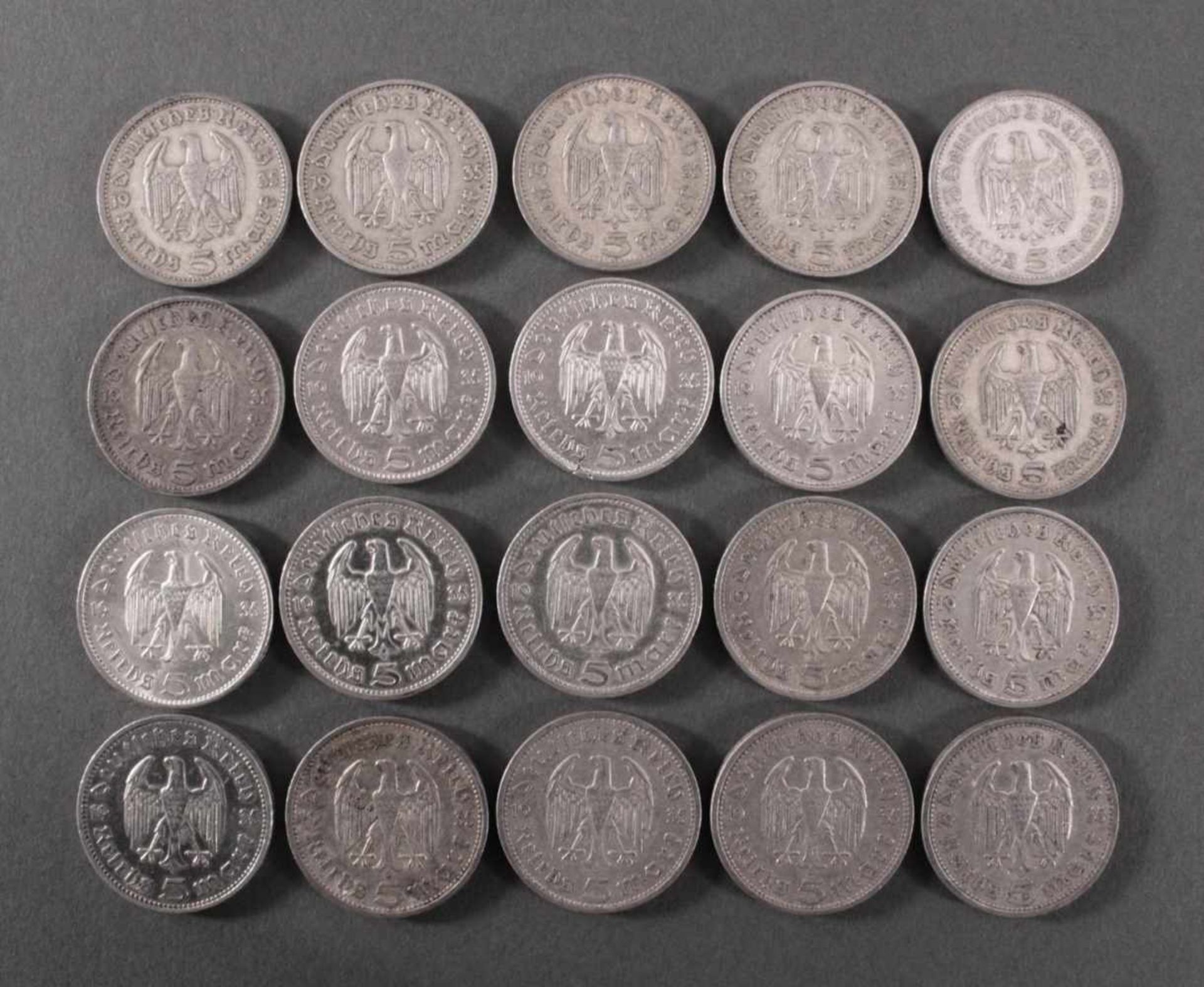 Deutsches Reich, 20x 5 ReichsmarkSilber, 9x 5 Reichsmark 1935 A und 11x 5 Reichsmark 1935 F - Bild 2 aus 2