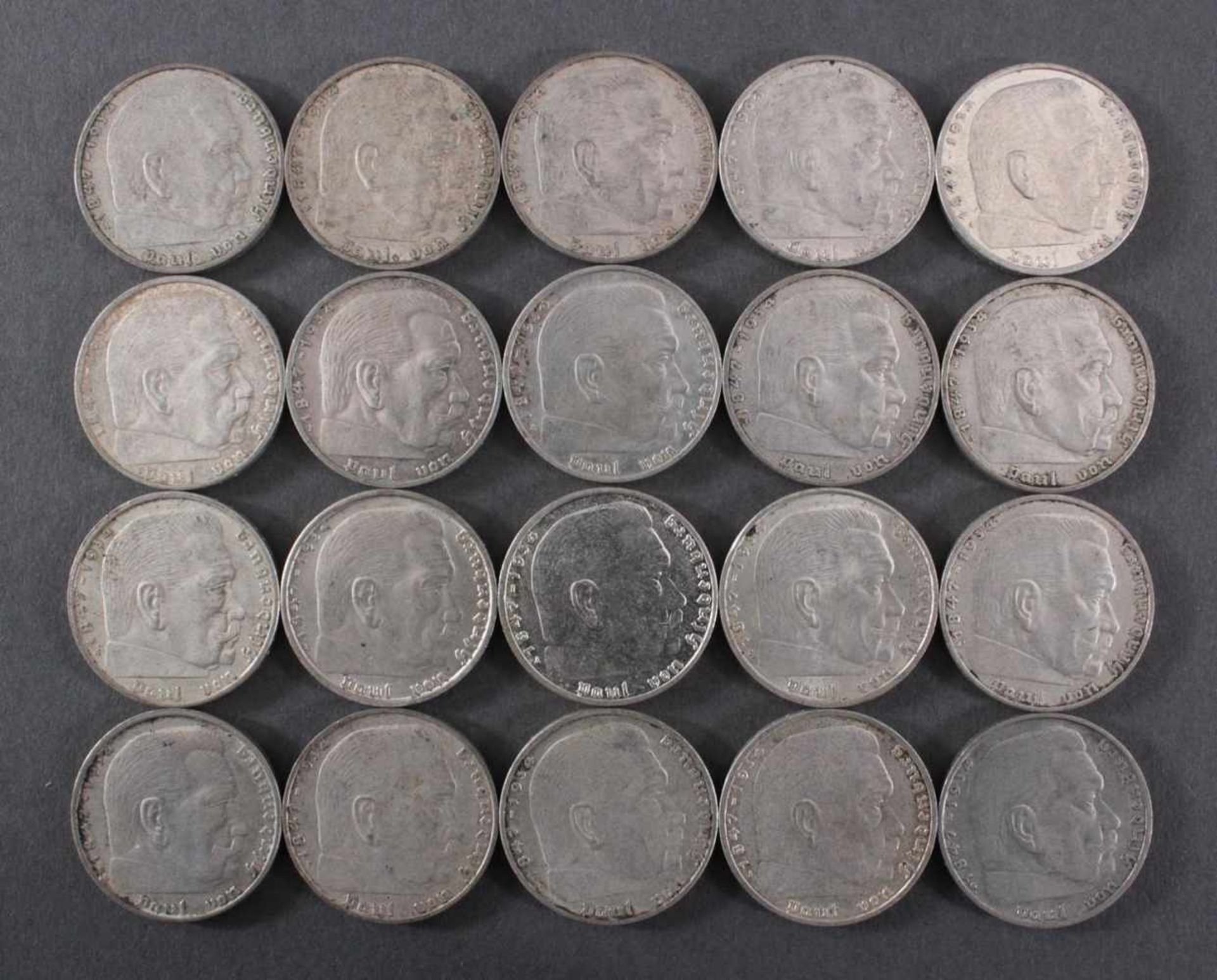 Deutsches Reich, 2 Reichsmark 20 Stück 1937, 38 und 39, aus unterschiedlichen Prägeanstalten,