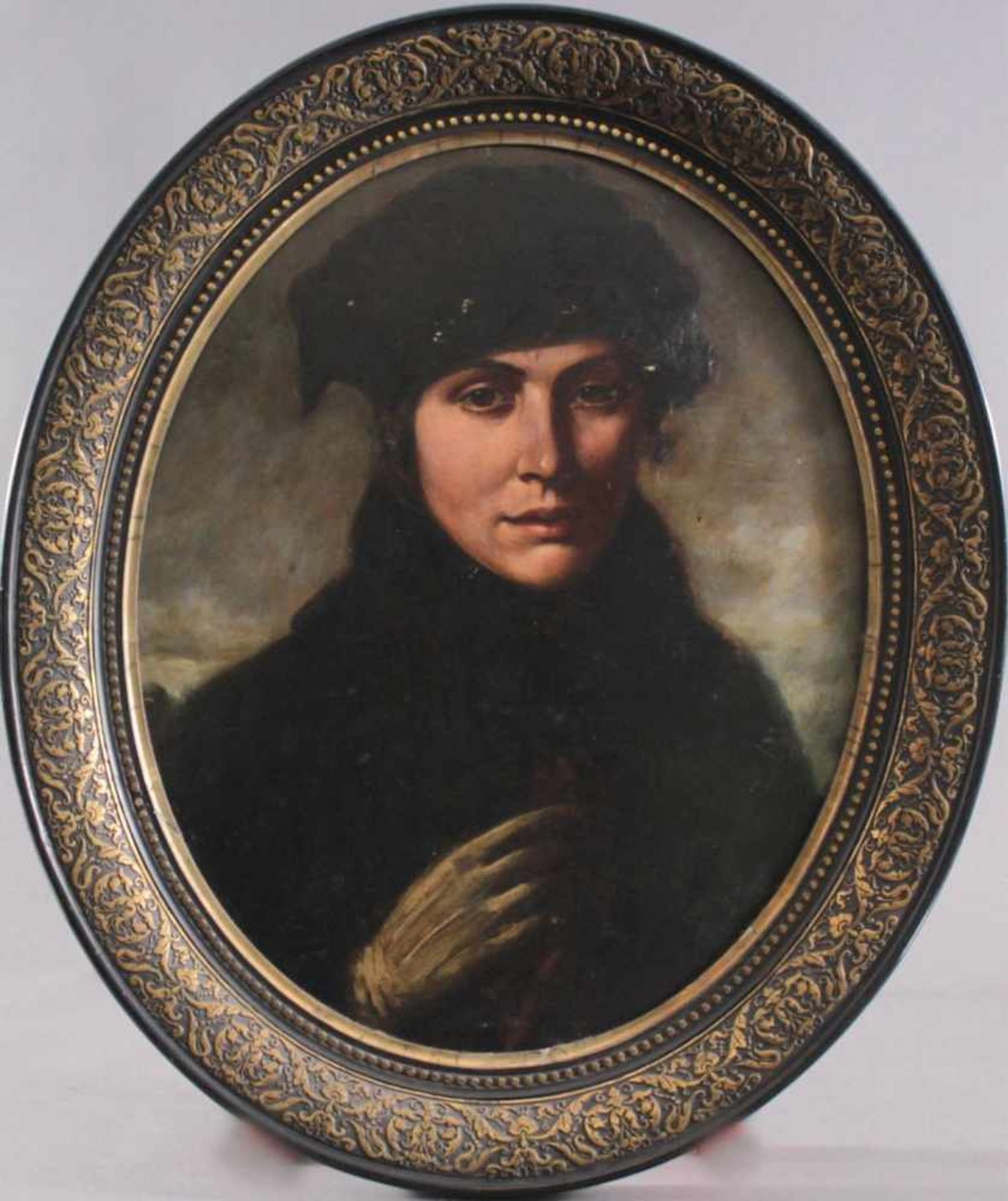 Bildnis einer Dame mit Hut, 19. JahrhundertÖl auf Holz gemalt, vereinzelte Farbabplatzungen,