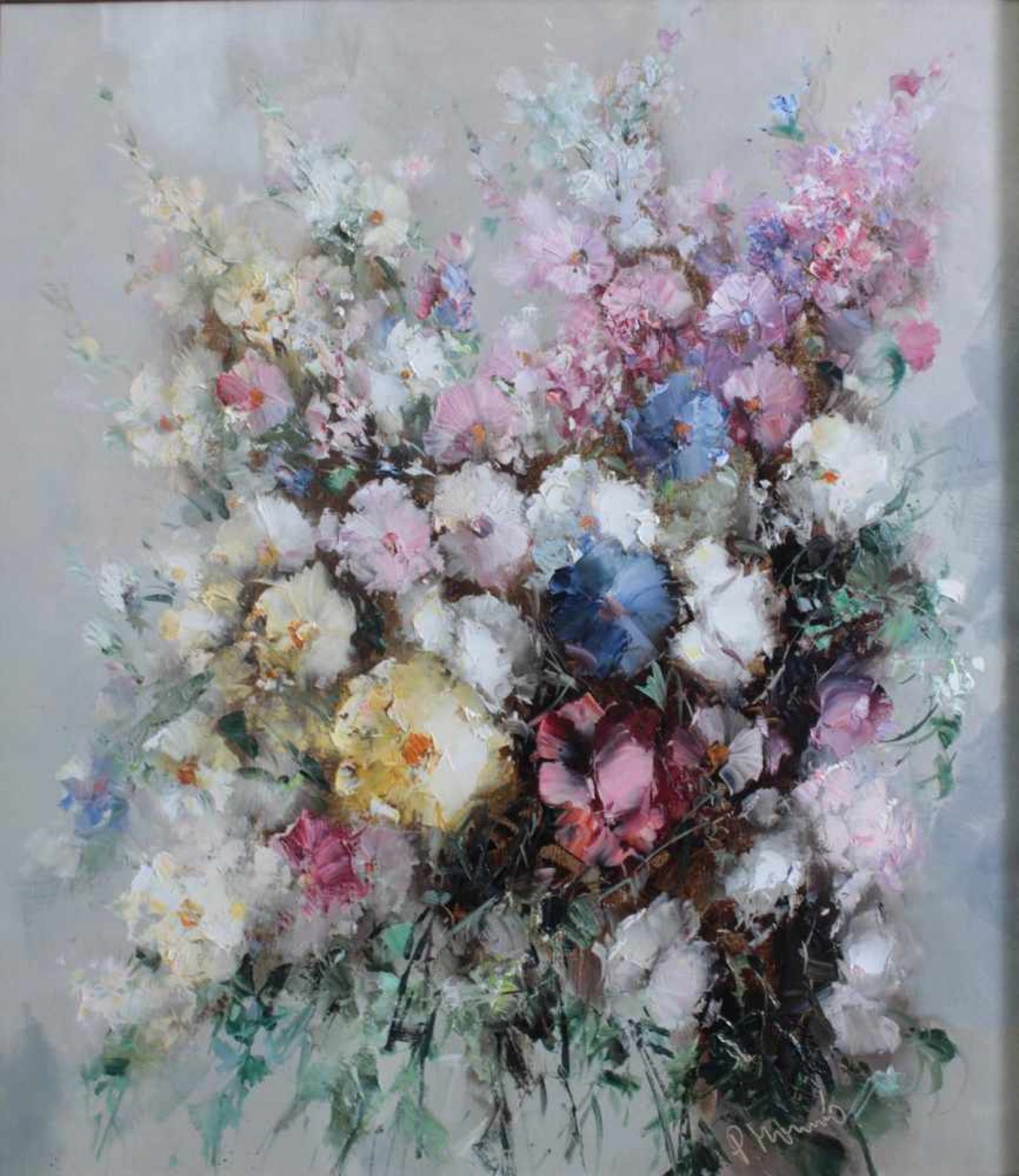 "Blumenstillleben"Öl auf Holz, rechts unten unleserlich signiert, ca. 80 x 70 cm. Gerahmt - Bild 2 aus 4