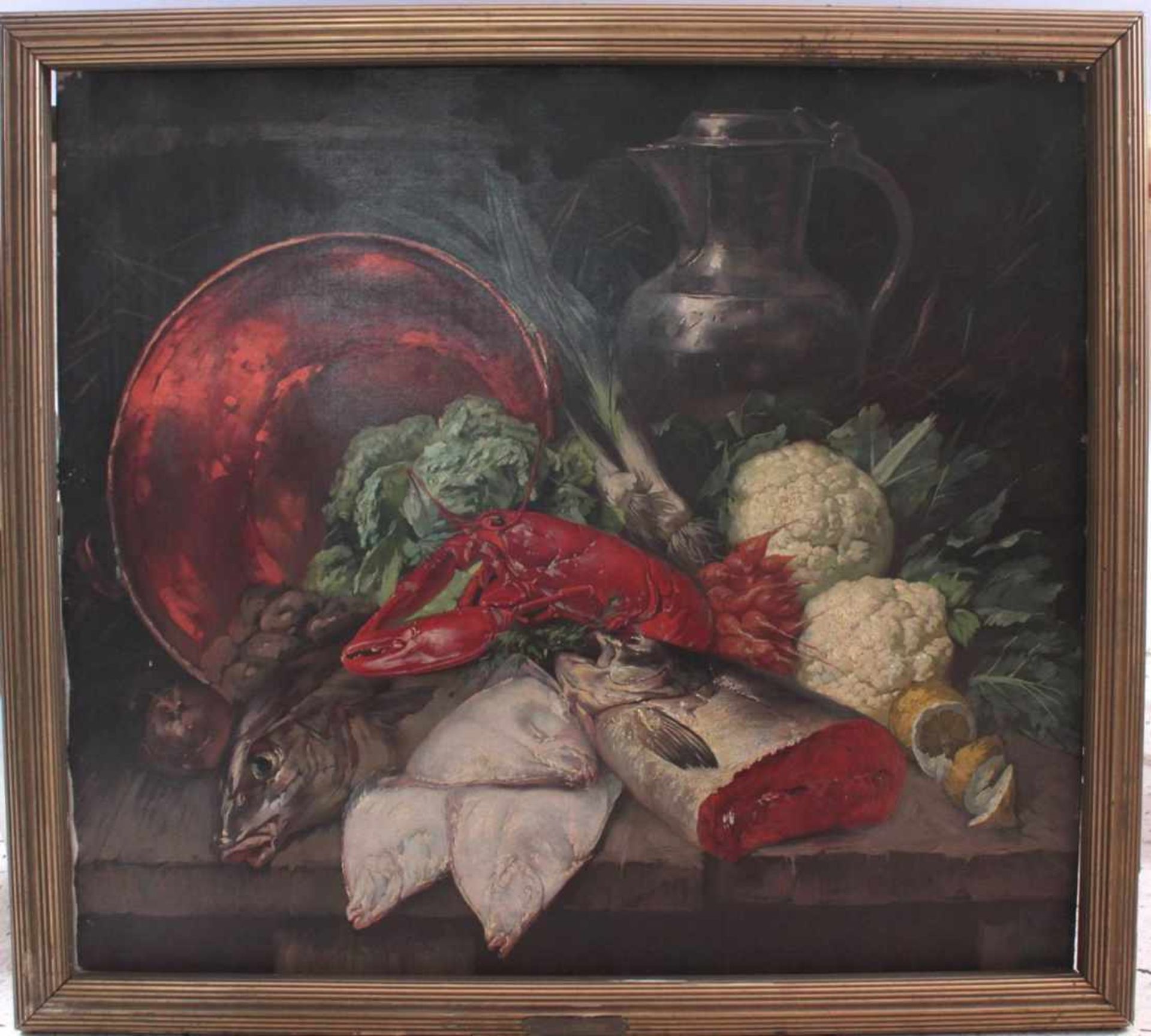 René Grönland 1849 - 1895, Stillleben mit Hummer, Fischen, Gemüse, Kupferschüssel und ZinnkrugÖl auf