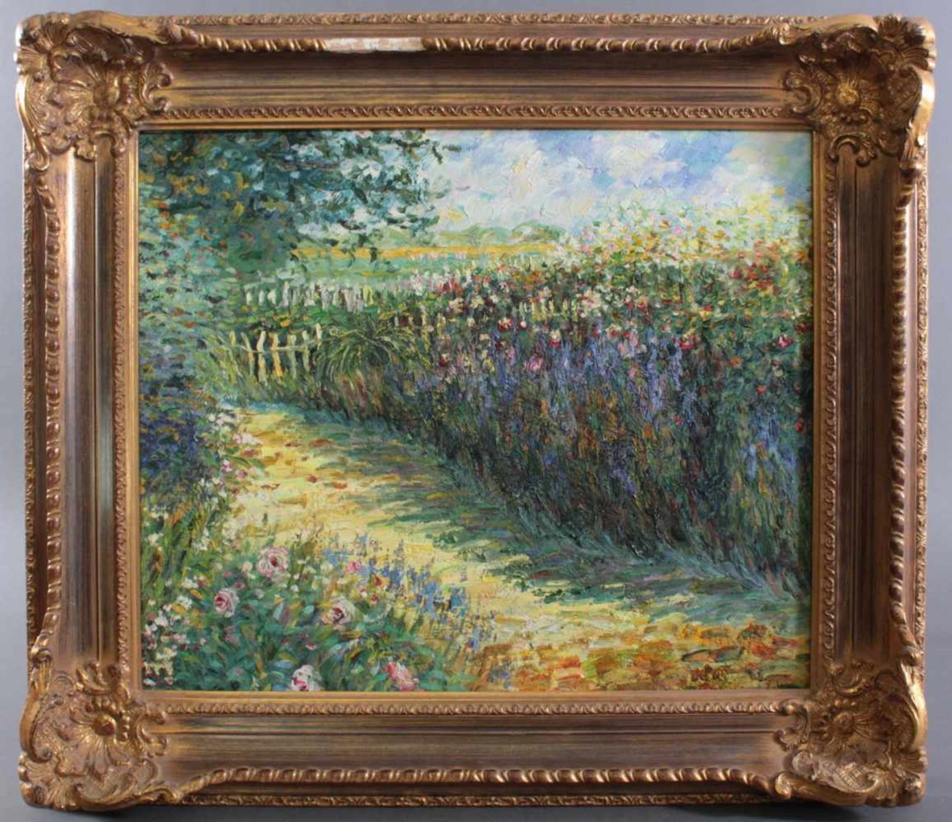 Impressionistische LandschaftÖl auf Leinwand, "Weg mit Blumen", rechts unten unleserlich signiert