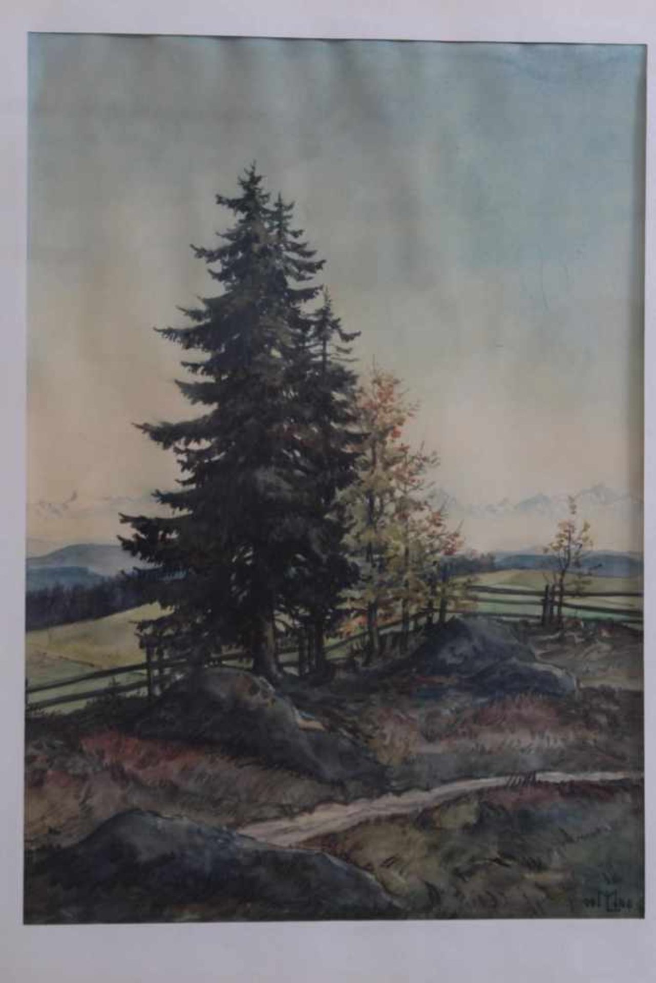 2 Aquarelle, unbekannter Monogrammist: M.L 1946 und 1950Sommerliche Berglandschaft und Stadtansicht, - Image 2 of 3