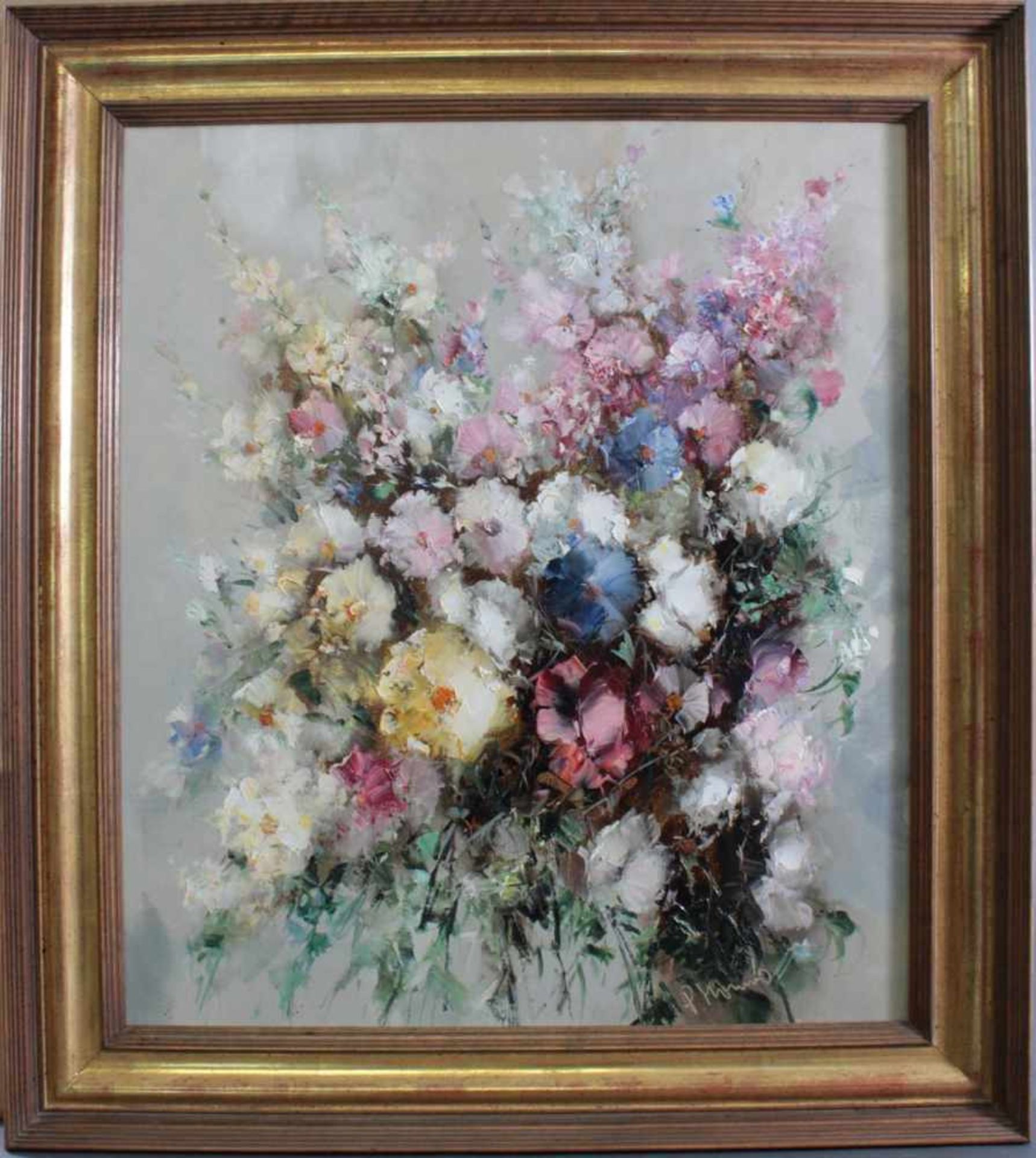 "Blumenstillleben"Öl auf Holz, rechts unten unleserlich signiert, ca. 80 x 70 cm. Gerahmt