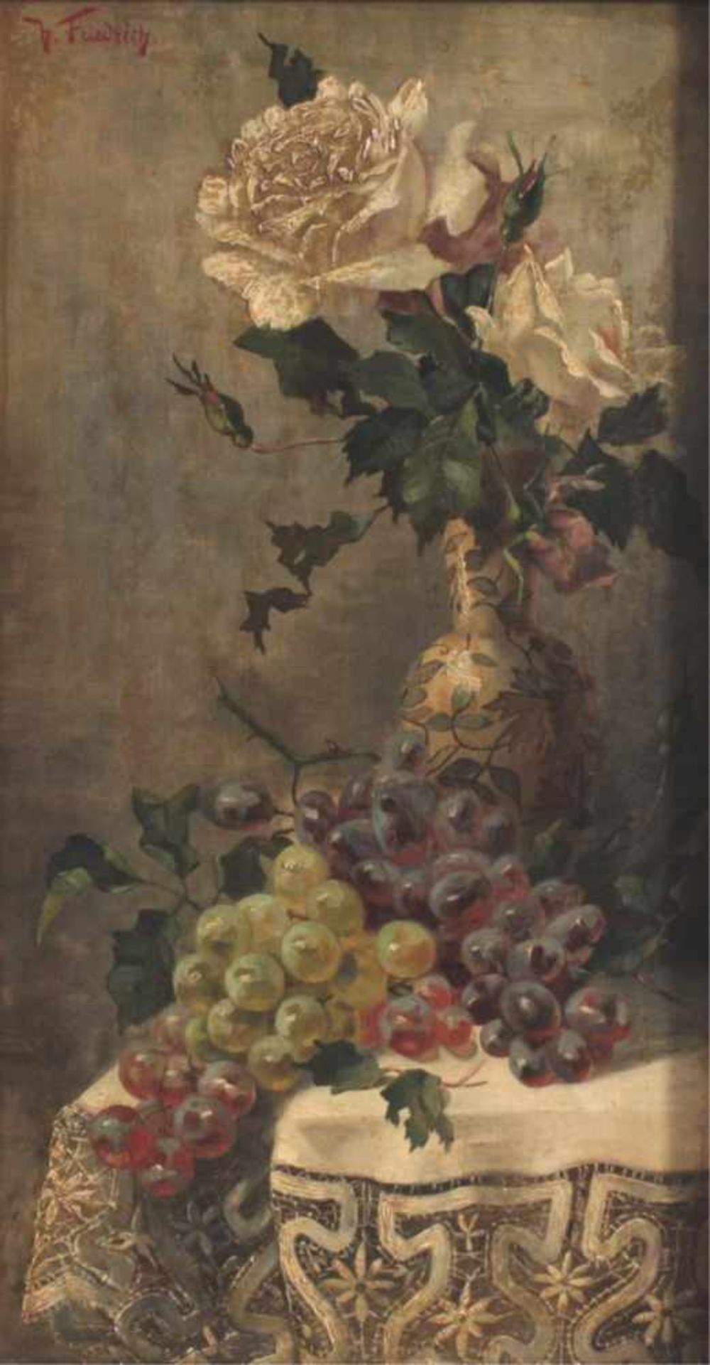 Hermann Friedrich (1858-1933)Öl auf Leinwand. Stillleben mit Fayence, weißer Rose und Trauben, - Bild 2 aus 4