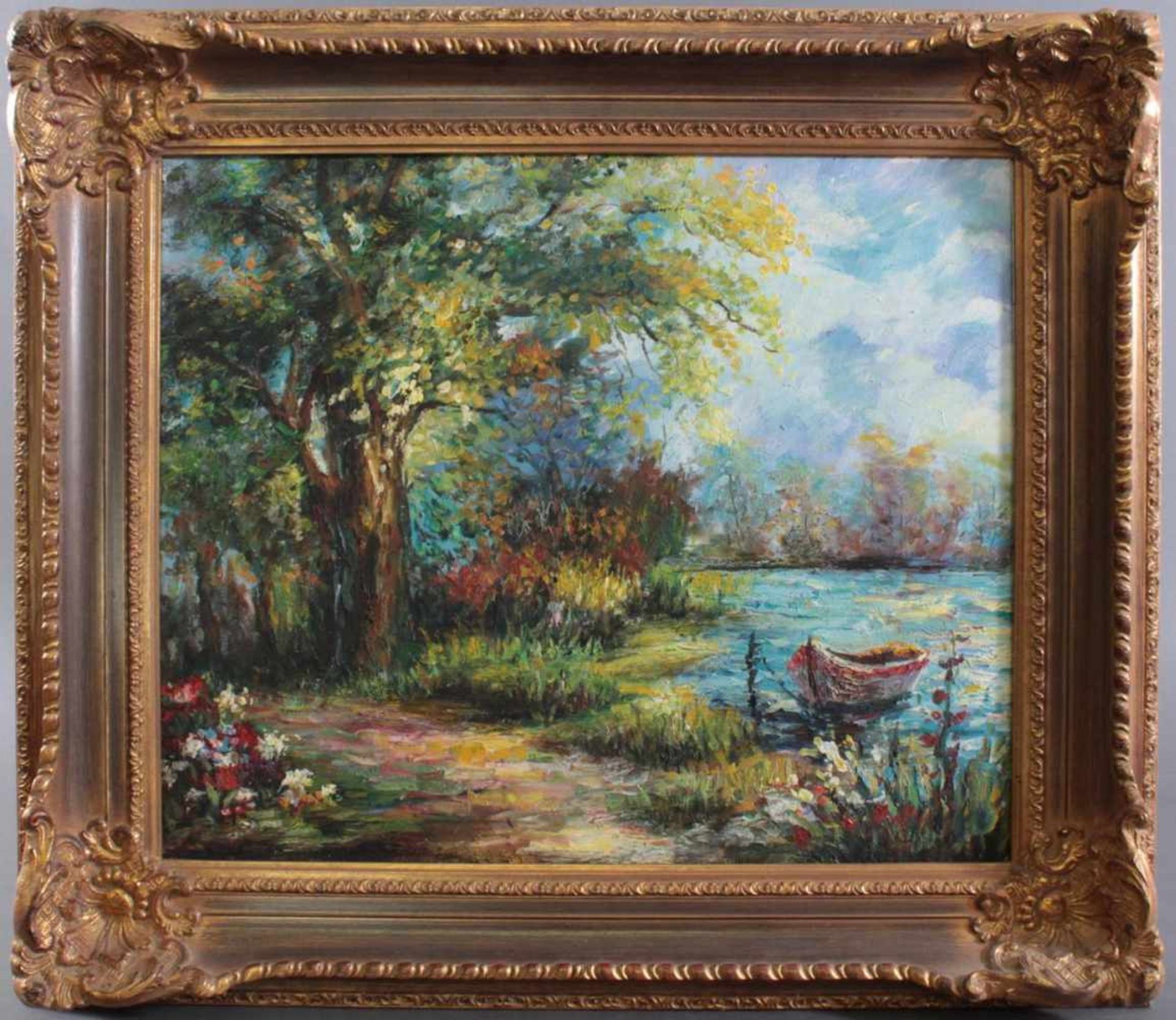 "Impressionistische Uferpartie mit Boot"Öl auf Leinwand, rechts unten unleserlich signiert. ca. 50 x