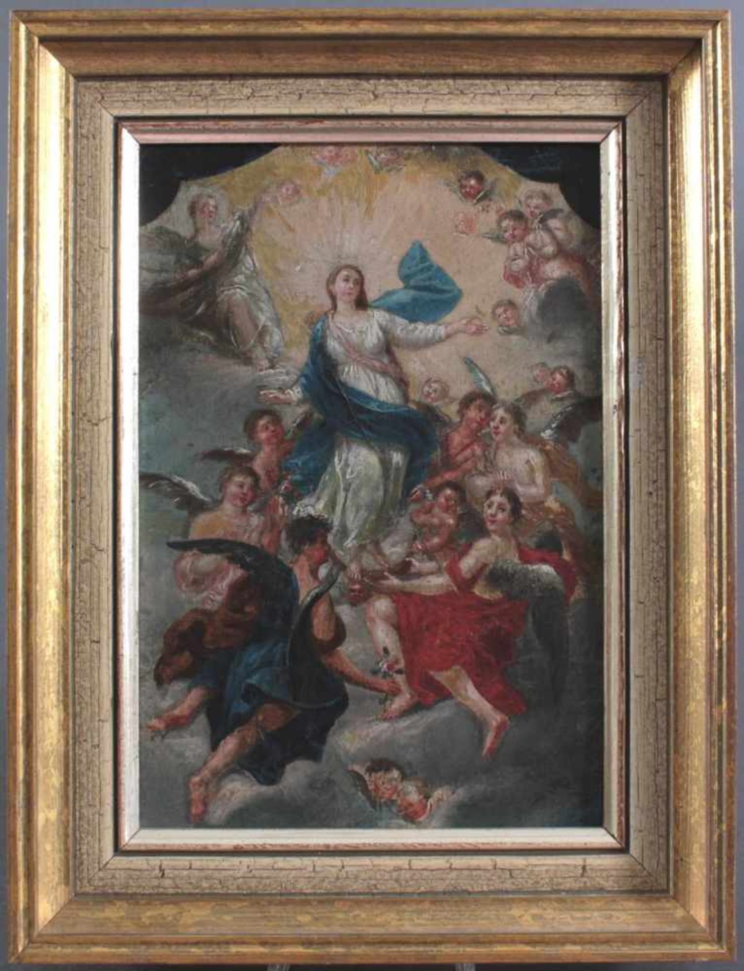 Heilige Maria umringt von Engeln, im Stil von Asam, um 1900Öl auf Pappe gemalt, gerahmt, ca. 23 x 15