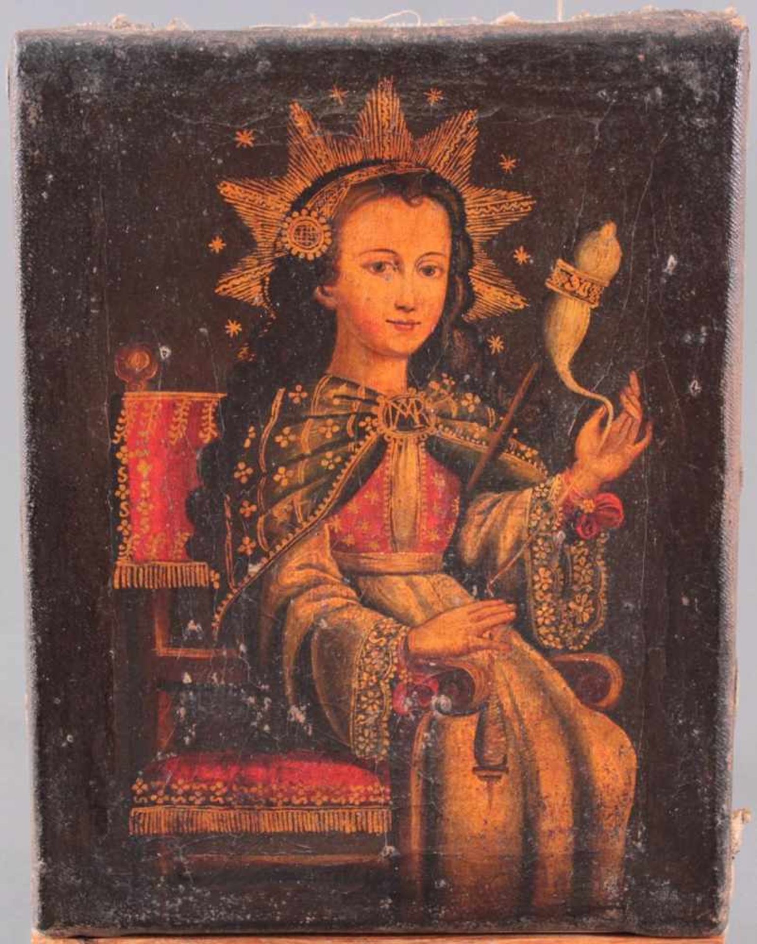 Unbekannter Künstler des 16./17. Jh. Jungfrau Maria mit SpindelÖl auf Leinwand gemalt, sitzende