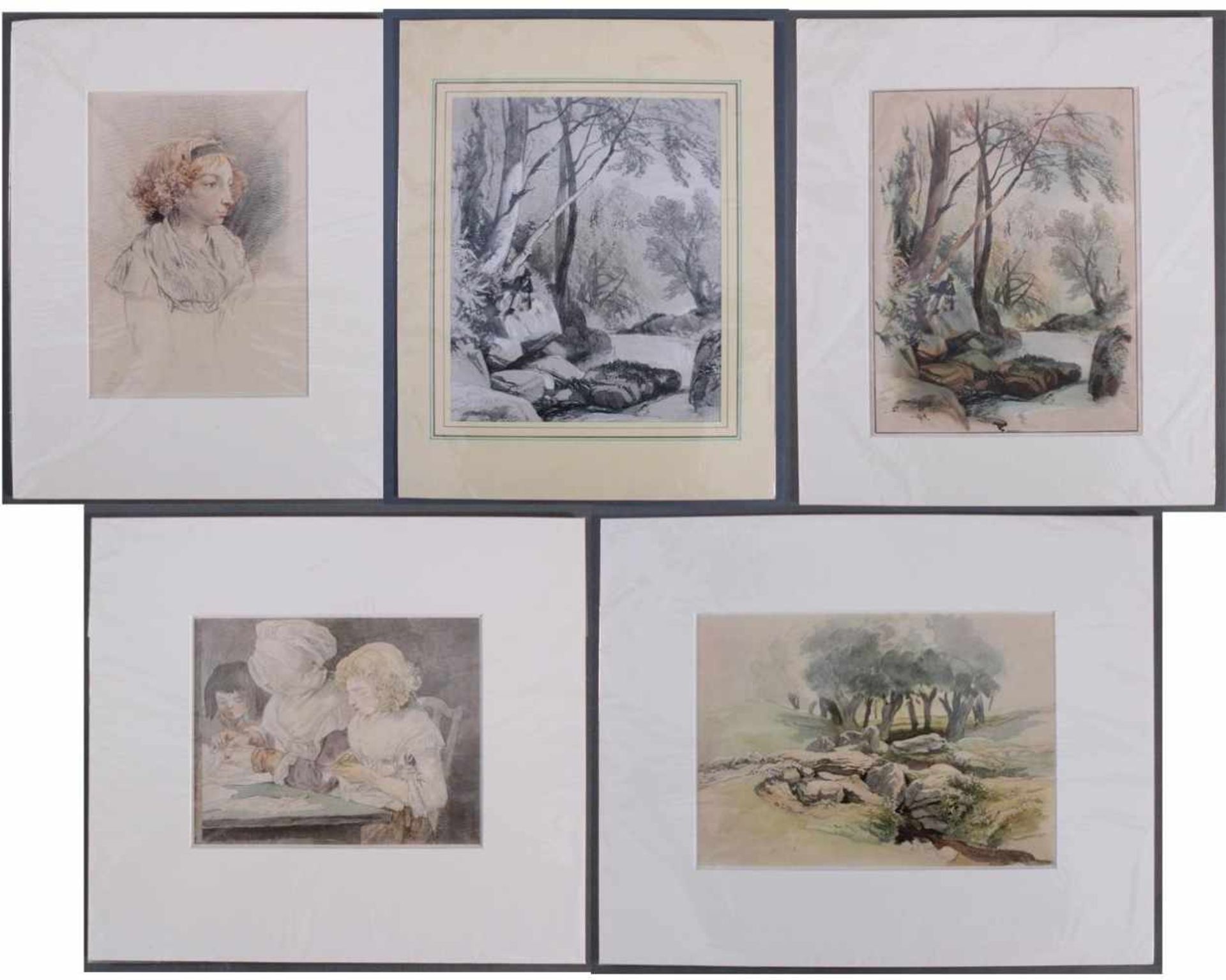 5 kolorierte Lithographien um 1833 / 1890Die Näherinnen - Mädchenporträt und 3 Landschaften, auf