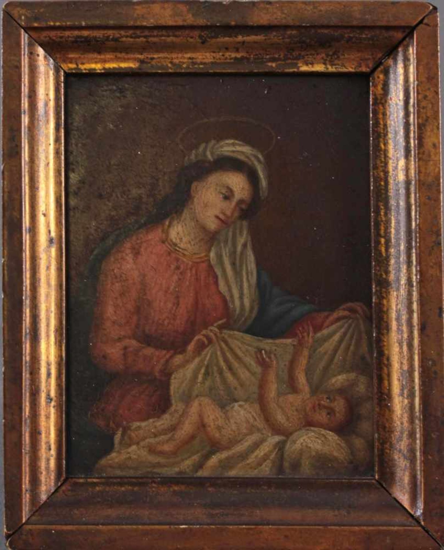 Maria mit Kind, kleines Heiligenbildchen aus dem 18./19. Jh.Öl auf Holz gemalt, vergoldeter