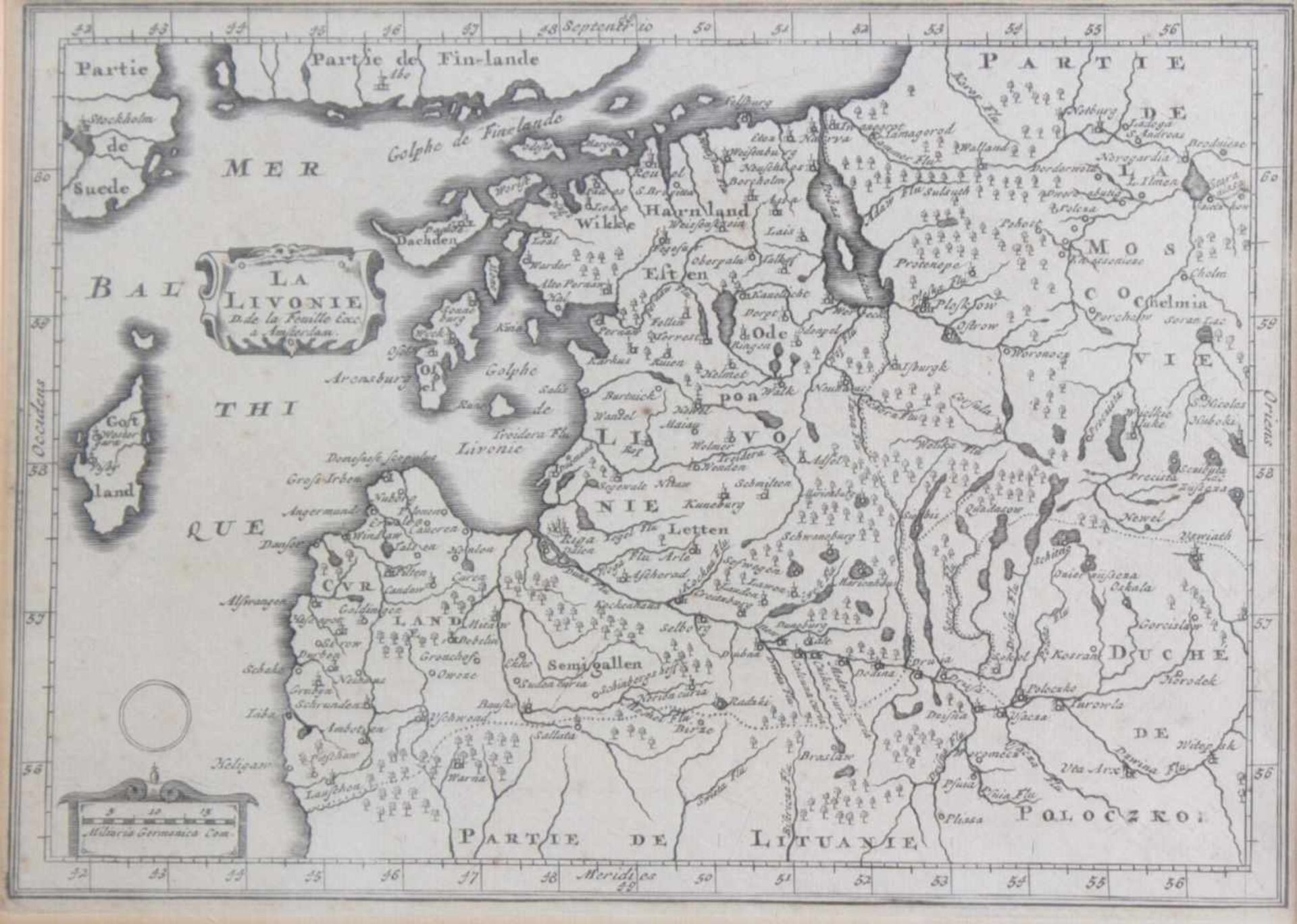 Konvolut von 6 Radierungen und Stahlstichen, alle hinter Glas gerahmt und im Passepartout1 Karte von - Bild 6 aus 7