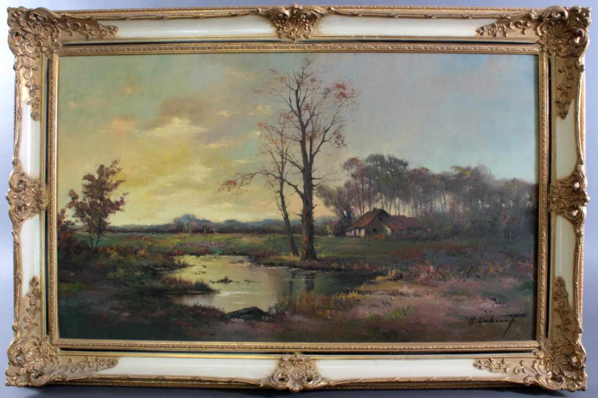 "Landschaft mit Bauernhof"Öl auf Leinwand, rechts unten unleserlich signiert, 60 x 100 cm. Gerahmt