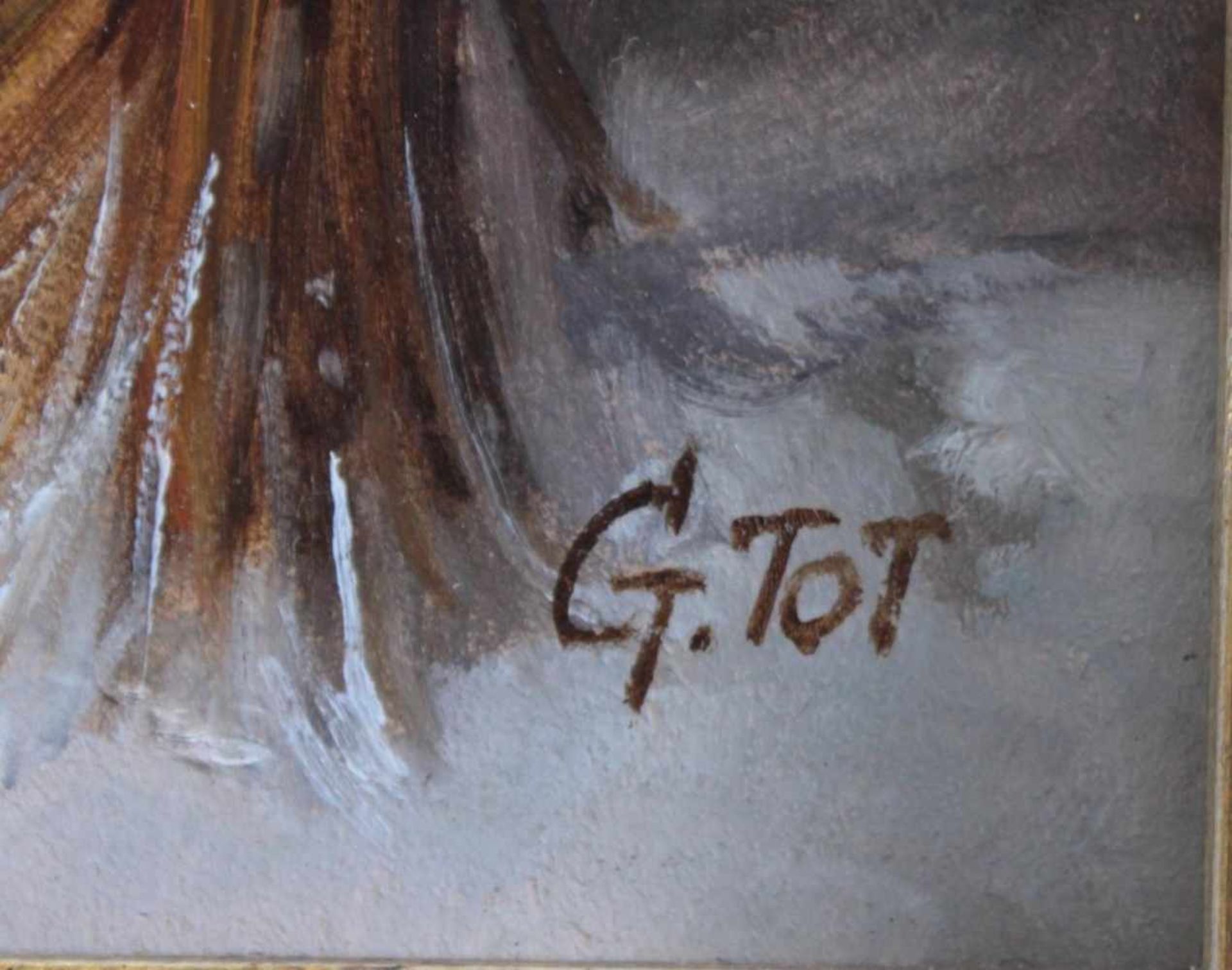 Schlittenfahrt im mittelalterlichem Dorf, G. Tot ? - ?Öl auf Holz gemalt, unten rechts signiert, - Bild 3 aus 4