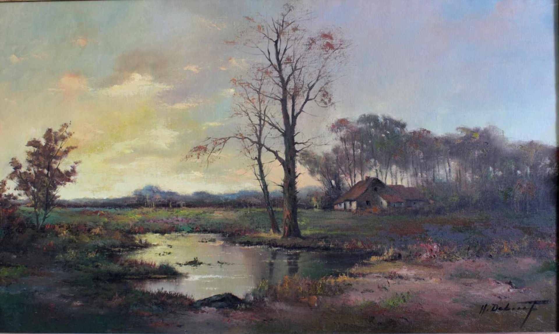 "Landschaft mit Bauernhof"Öl auf Leinwand, rechts unten unleserlich signiert, 60 x 100 cm. Gerahmt - Bild 2 aus 4