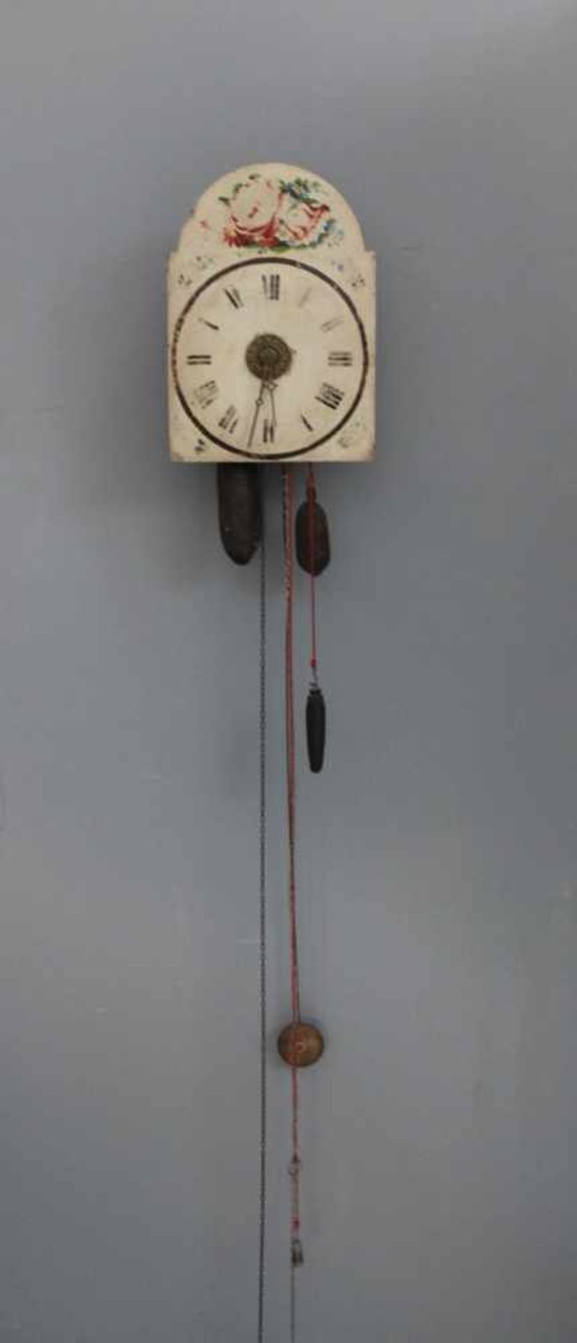 Schwarzwälder Bogenschilduhr mit Uhrzeitansage 19. Jh.Schlag auf Glocke und Tonfeder, bemaltes