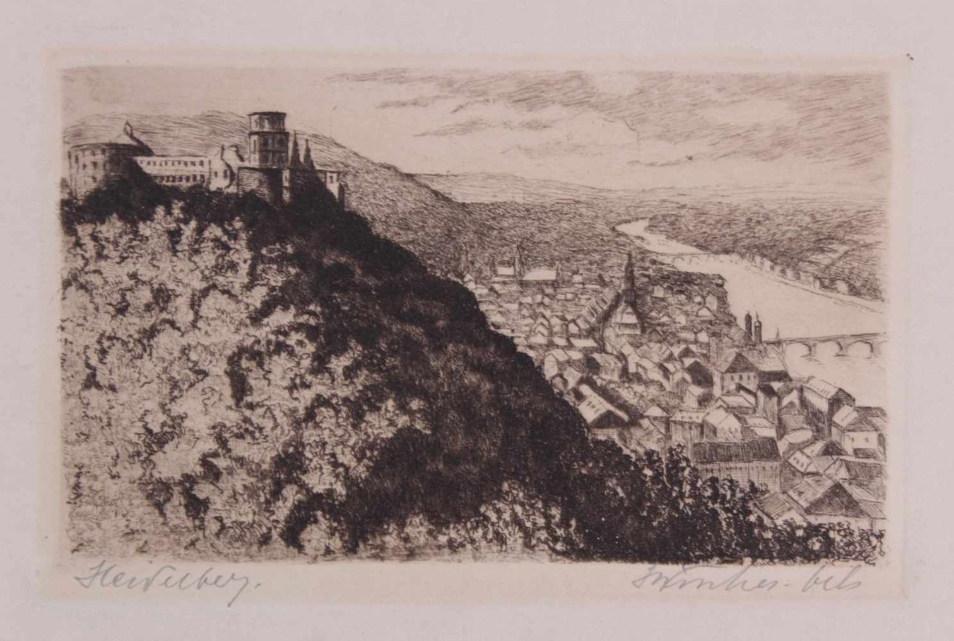 Heidelberg - Blick auf Schloss und OrtFranz Ströck (Düsseldorf 1885 - 1965). 1 Radierung um 1930, - Bild 4 aus 5