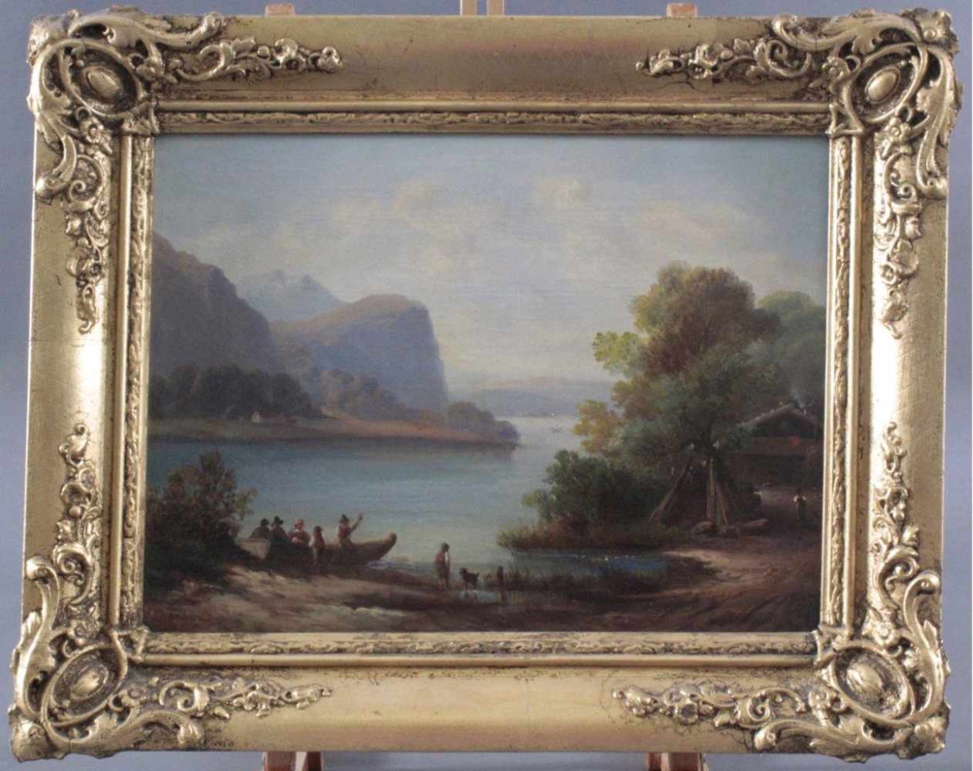 I. Engelmann (deutscher Maler des 19. Jahrhunderts). "Seelandschaft mit Personen"Öl auf Leinwand,