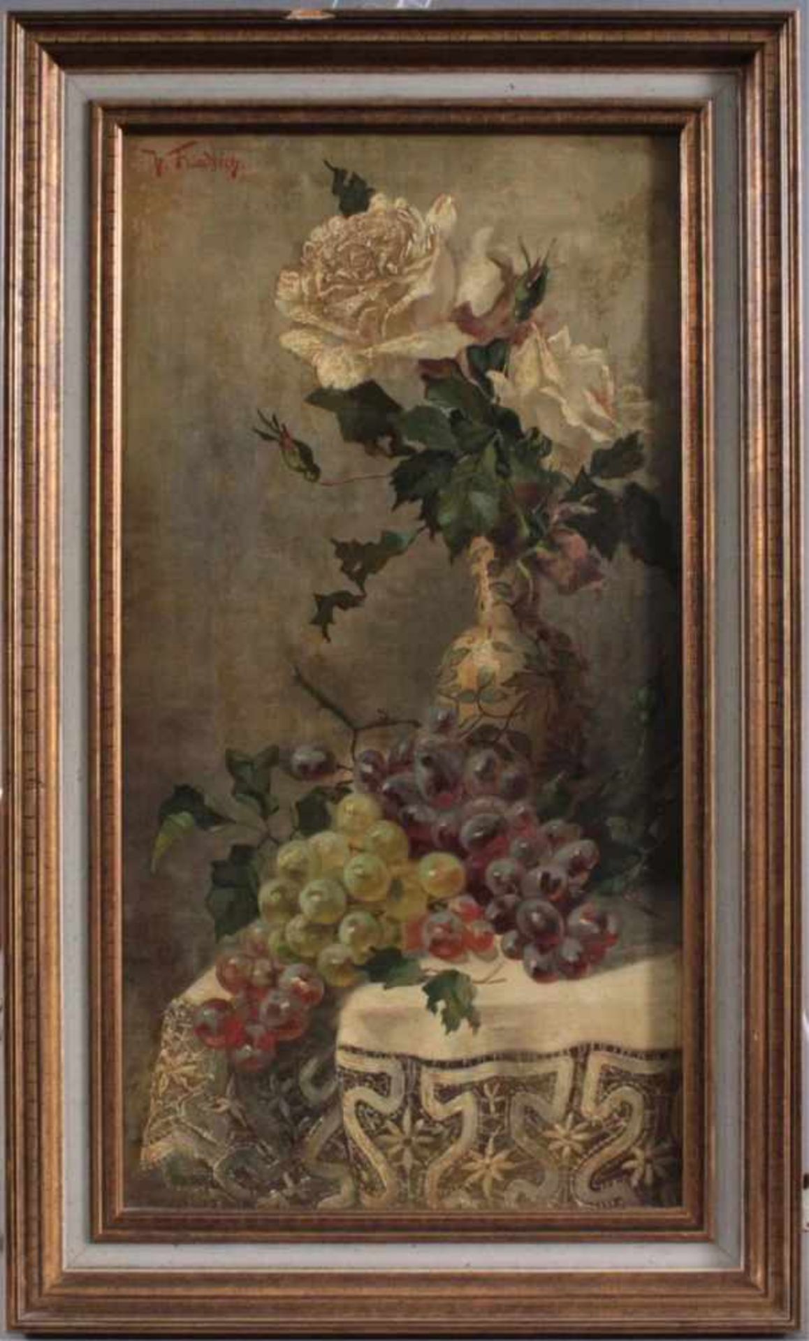 Hermann Friedrich (1858-1933)Öl auf Leinwand. Stillleben mit Fayence, weißer Rose und Trauben,