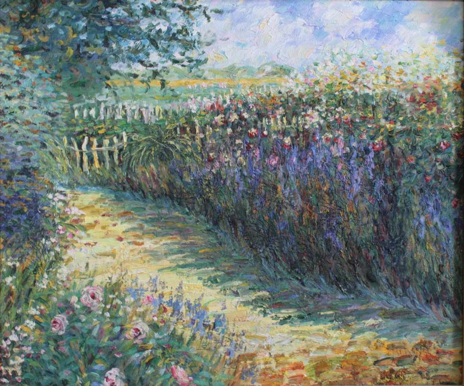 Impressionistische LandschaftÖl auf Leinwand, "Weg mit Blumen", rechts unten unleserlich signiert - Bild 2 aus 5