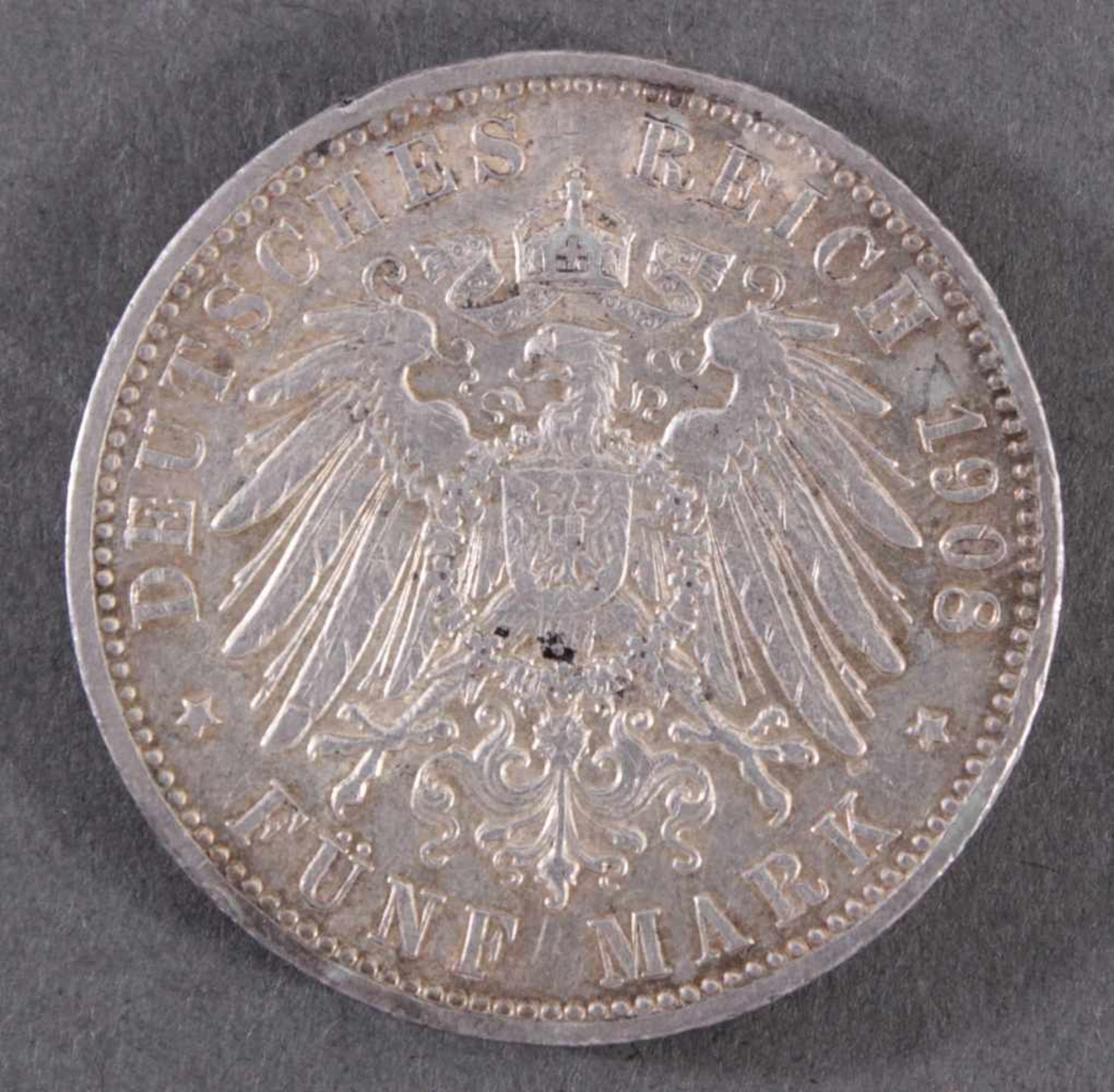 5 Mark Kaiserreich, Hamburg Freie Hansestadt 1908 J in vorzüglichJäger 65, Silber - Image 2 of 2