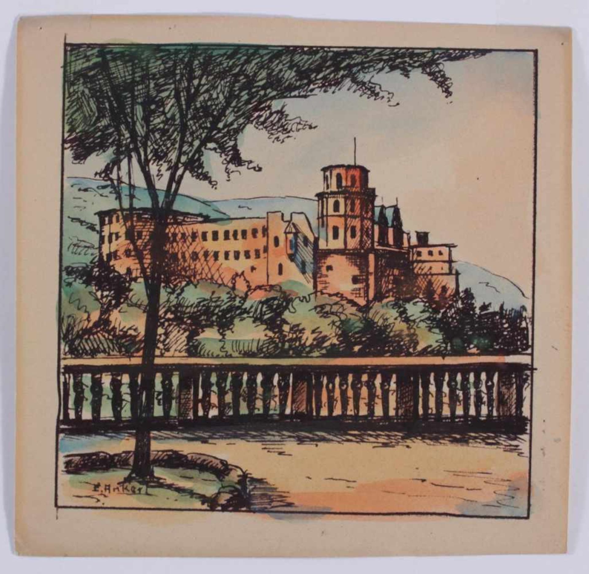 Heidelberg - Blick auf Schloss und OrtFranz Ströck (Düsseldorf 1885 - 1965). 1 Radierung um 1930, - Bild 5 aus 5