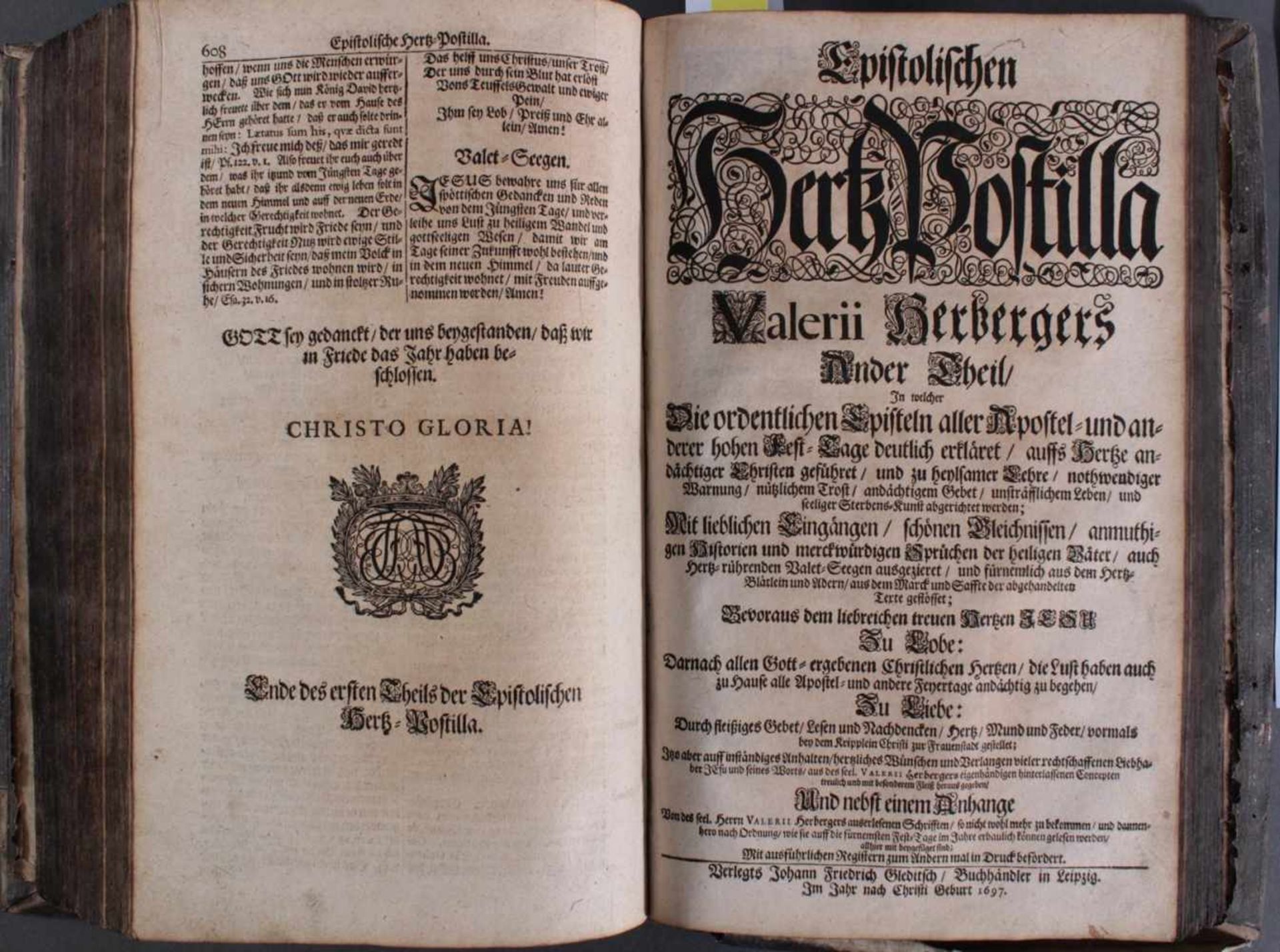 Herz Postilla Valery Herbergers von 1697, Teil 1 und 2 in einem BandLederband auf Holzdeckel, - Image 6 of 8