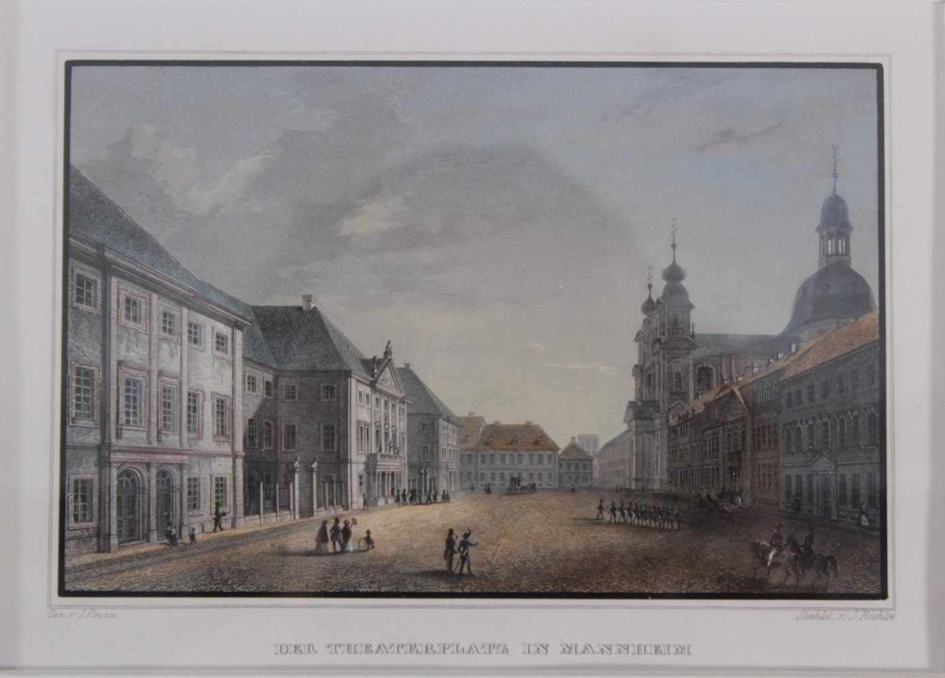 Der Theaterplatz in Mannheim, um 1840 von J. RichterAlt-kolorierter Stahlstich mit schwarzem - Bild 2 aus 2