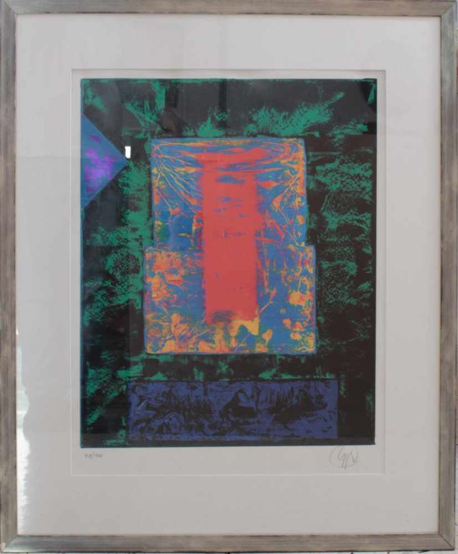 Frank Gyjho (1954)Farbserigraphie, "Abstrakte Komposition in Grün-, Rot-, Gelb und Violettönen",