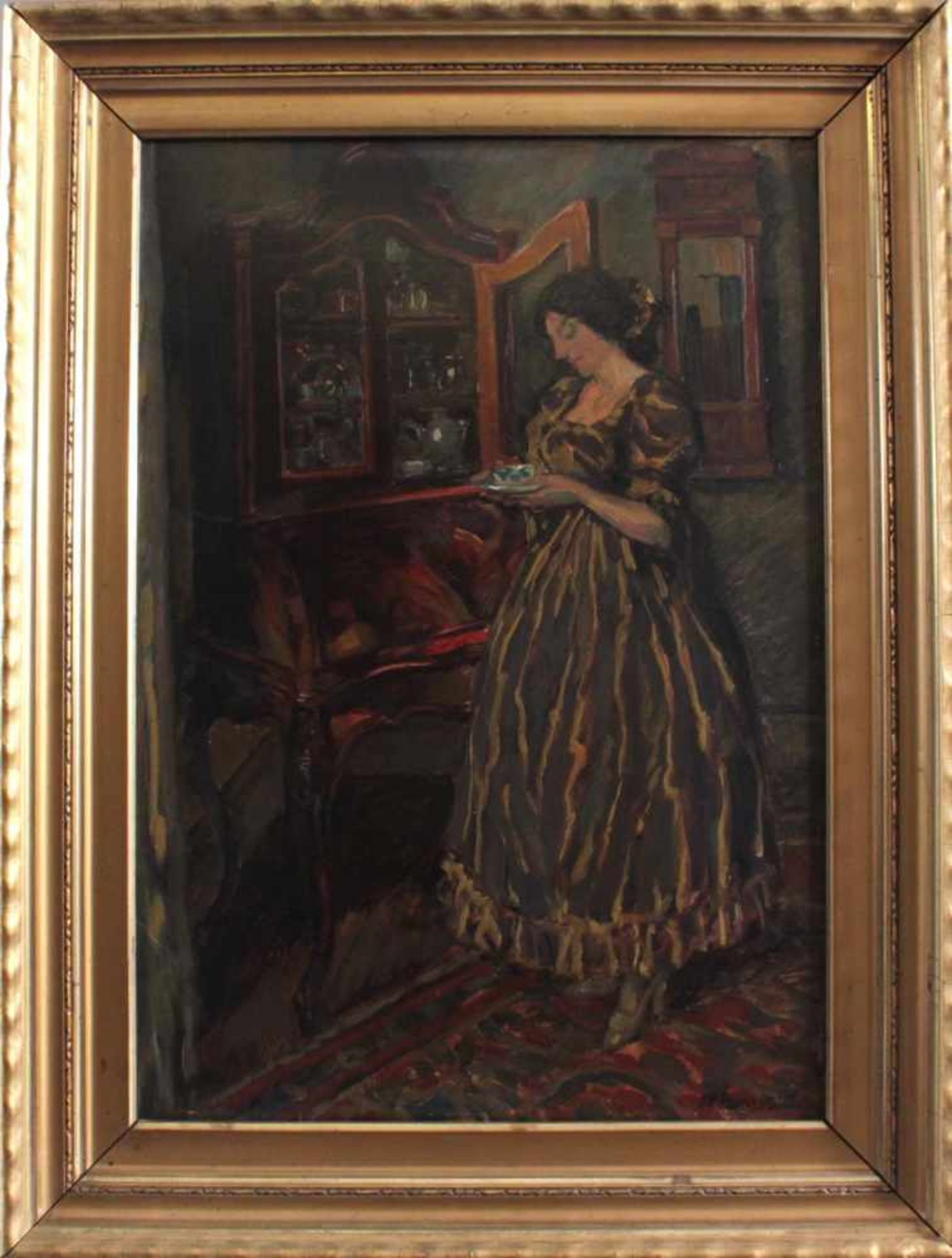 Hans Adolf Müller (1888-1934). "Damen im Salon mit einer Tasse Tee"﻿﻿﻿Öl auf Pappe, unten rechts