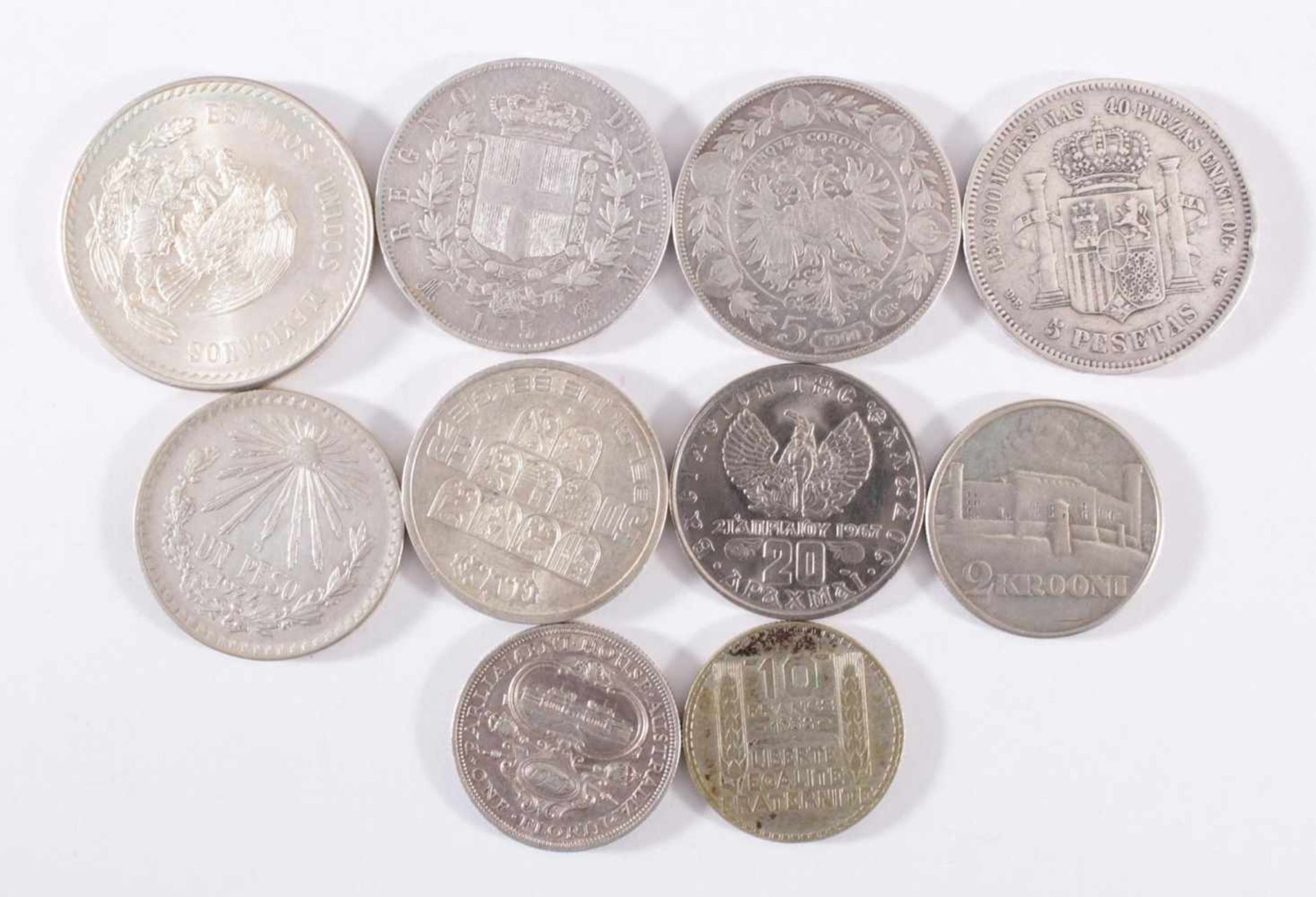 Konvolut Silbermünzen 19. und 20. Jh. 10 Stück1x Frankreich 10 France von 1938. 1x Mexiko 5 Pesos - Bild 2 aus 2