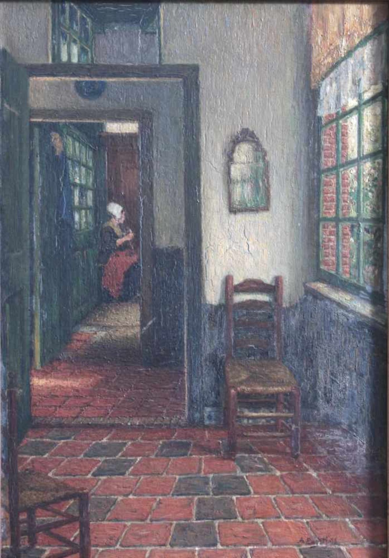 Albert Engstfeld 1876 - 1956, Stubeninterieur, sitzende MagdÖl auf Platte, gerahmt, ca. 41 x 28 cm. - Bild 2 aus 4