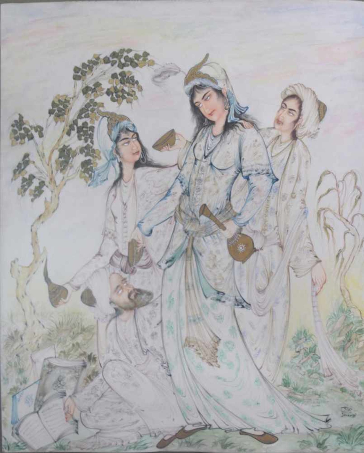 Persische Miniaturmalerei um 1900. Höfische SzeneFarbige Malerei auf Bein, unten rechts signiert - Image 2 of 4