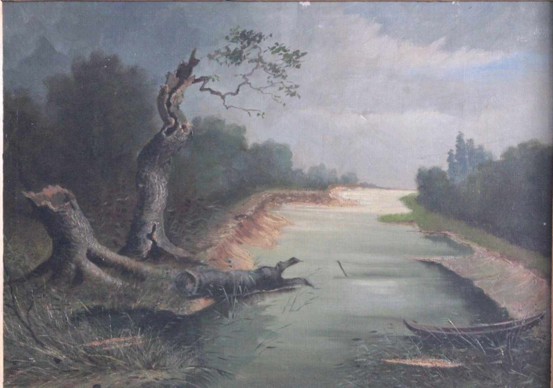 Flusslandschaft mit Boot um 1900, unbekannter KünstlerÖl auf Leinwand gemalt, unsigniert, Leinwand - Bild 2 aus 6