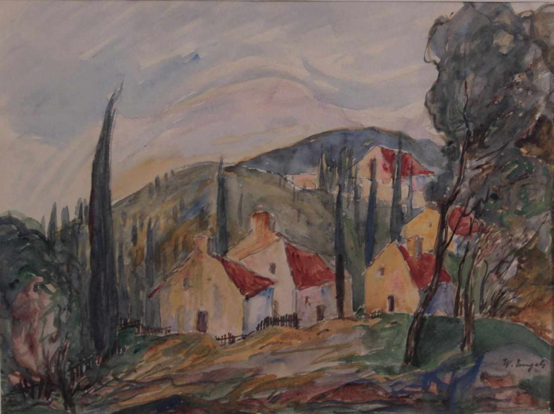 Walter Engels (1891-?)Aquarell auf Papier, "Dorf-Ansicht mit Bergen", ca. 23 x 31 cm. Hinter Glas - Image 2 of 3
