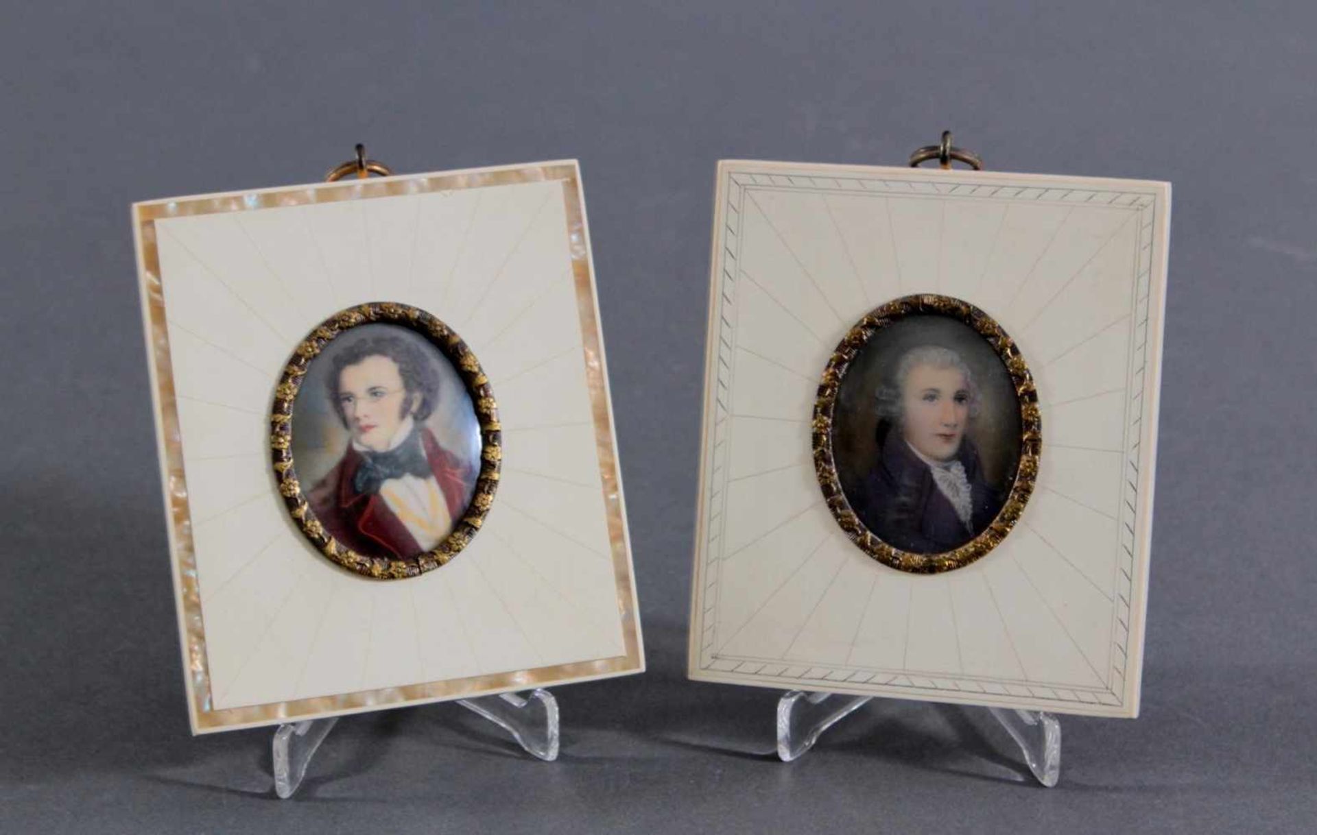 Paar Miniatur-Portraits, Franz Schubert und HaydnÖl auf Elfenbein, Elfenbeinrahmen, ca. 10 x 9 cm.