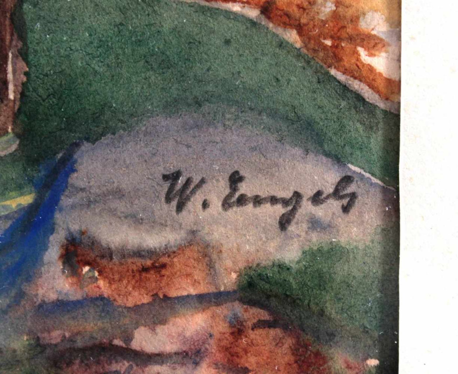 Walter Engels (1891-?)Aquarell auf Papier, "Dorf-Ansicht mit Bergen", ca. 23 x 31 cm. Hinter Glas - Image 3 of 3
